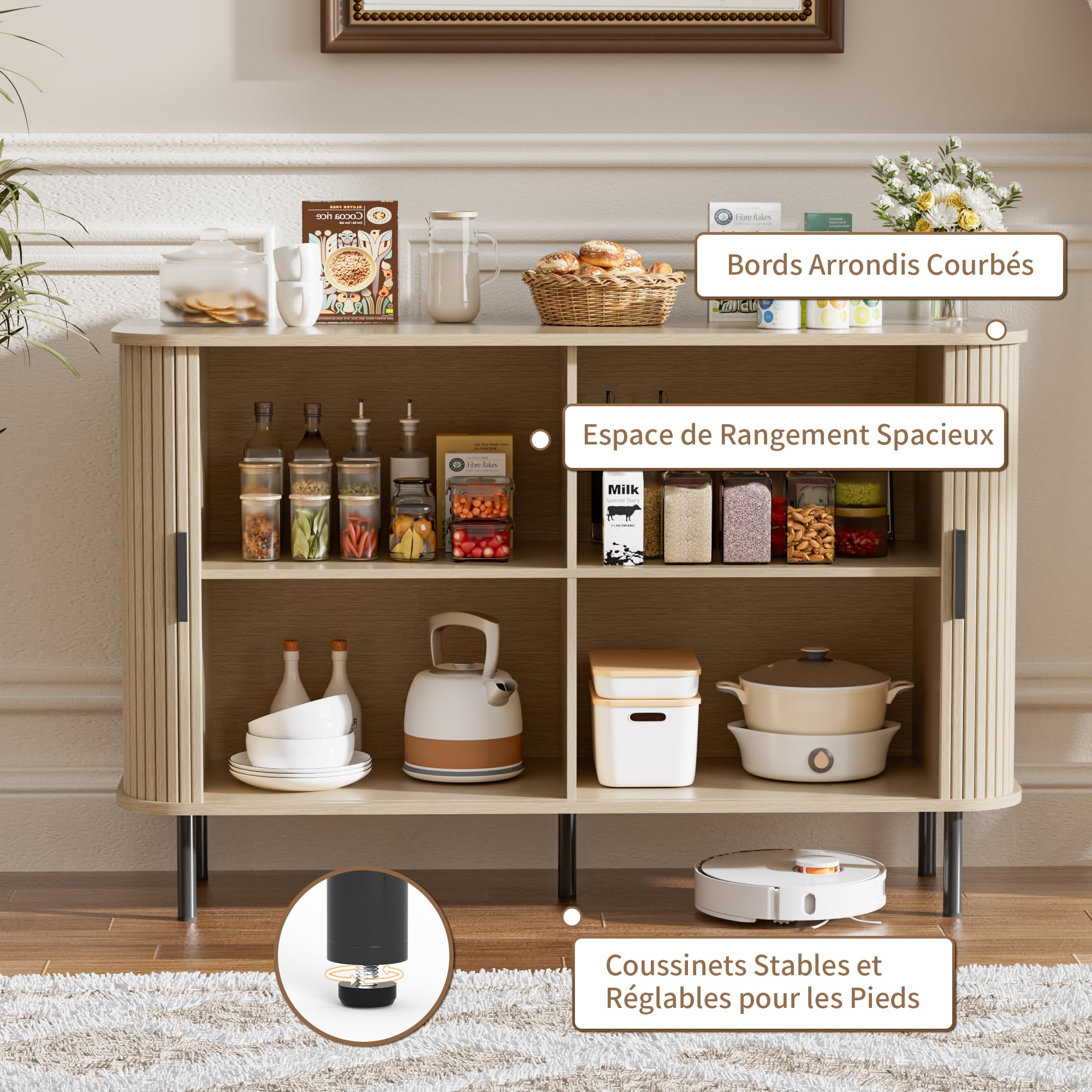 BonVache Armoire de boîtier, Armoire de Stockage Buffet, Armoire de Cuisine avec Porte coulissante Tambour, unité de Stockage pour Salon Maison Salle à Manger Moderne, Beige