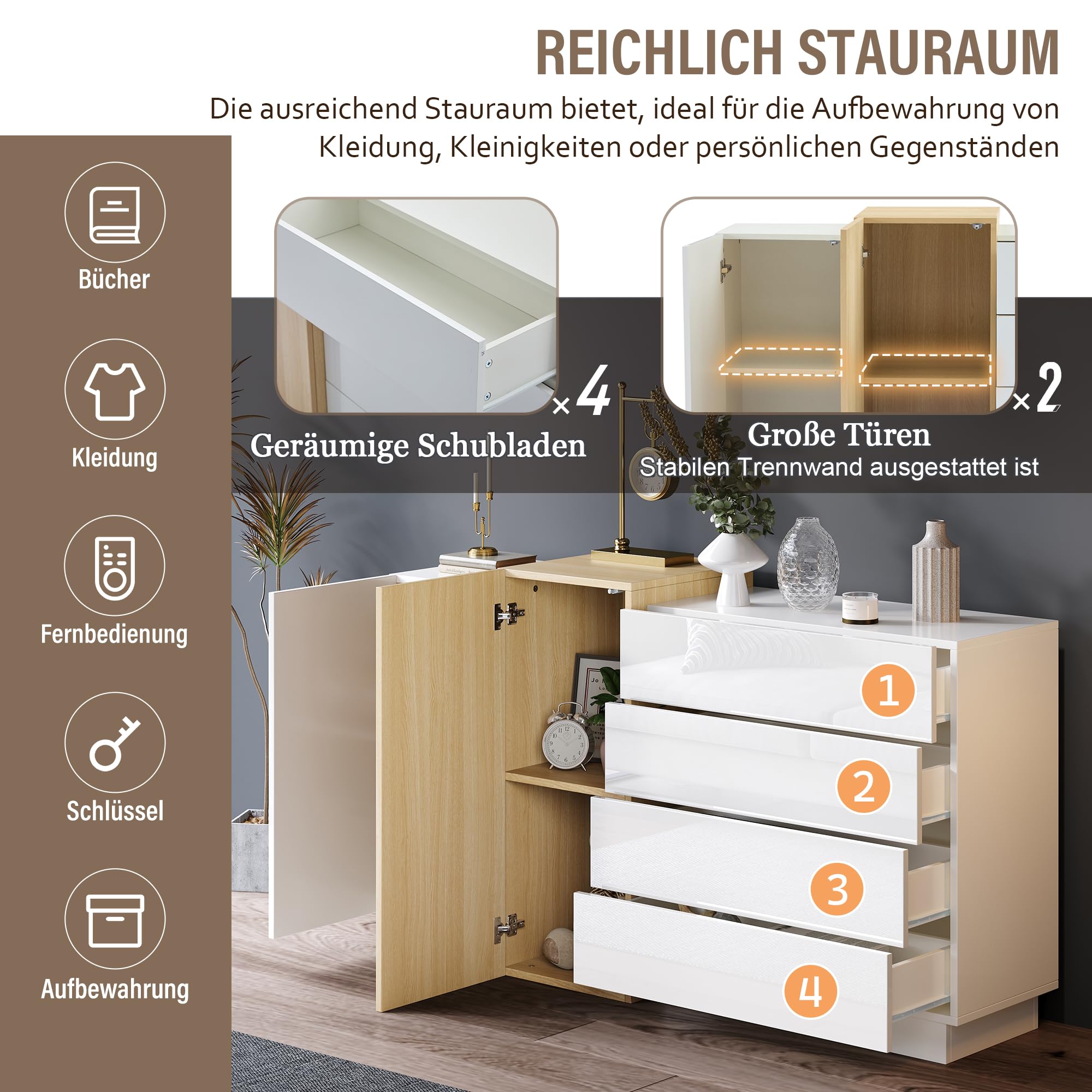 Merax Dressoir met LED Verlichting - Witte Hoogglans Kast 140×40×60 cm