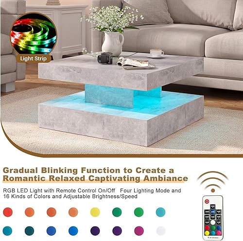 Miniatura 4 de Mesa de café LED gris para sala de estar, mesa de sala de estar de 2 niveles mesa central cuadrada, mesas de café modernas con almacenamiento, mesas