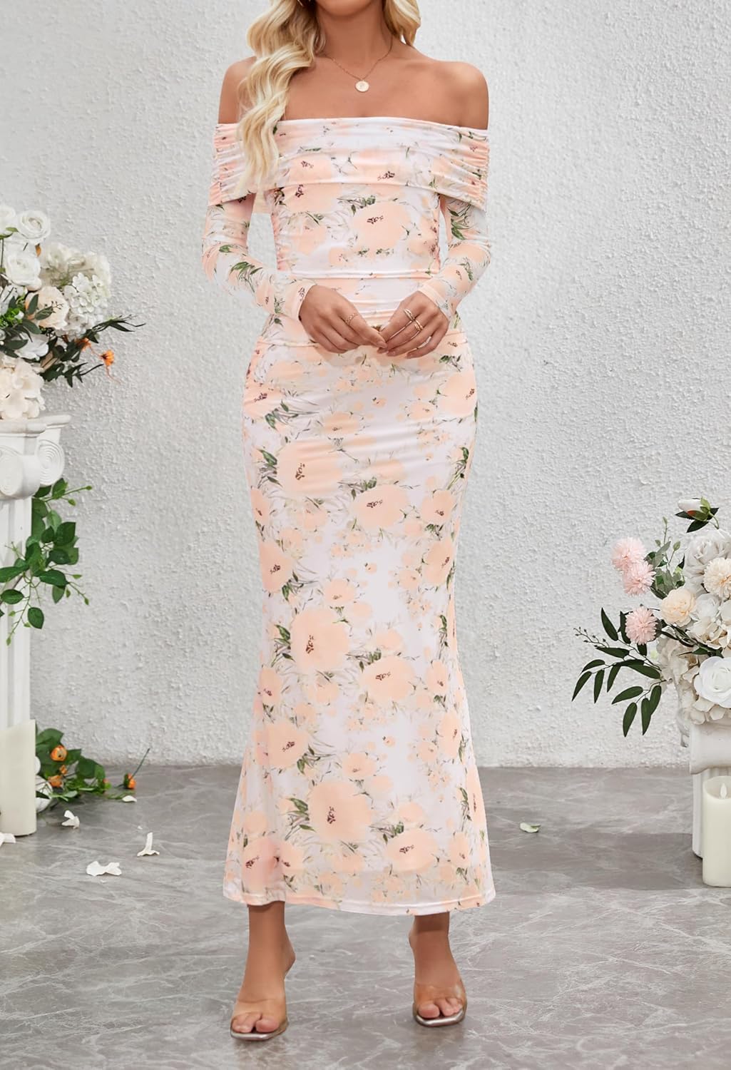 MEROKEETY Women's Fall Off Shoulder Floral Maxi Dresses Formal Long Sleeve Bodycon Cocktail Wedding Guest Dress - Image 8