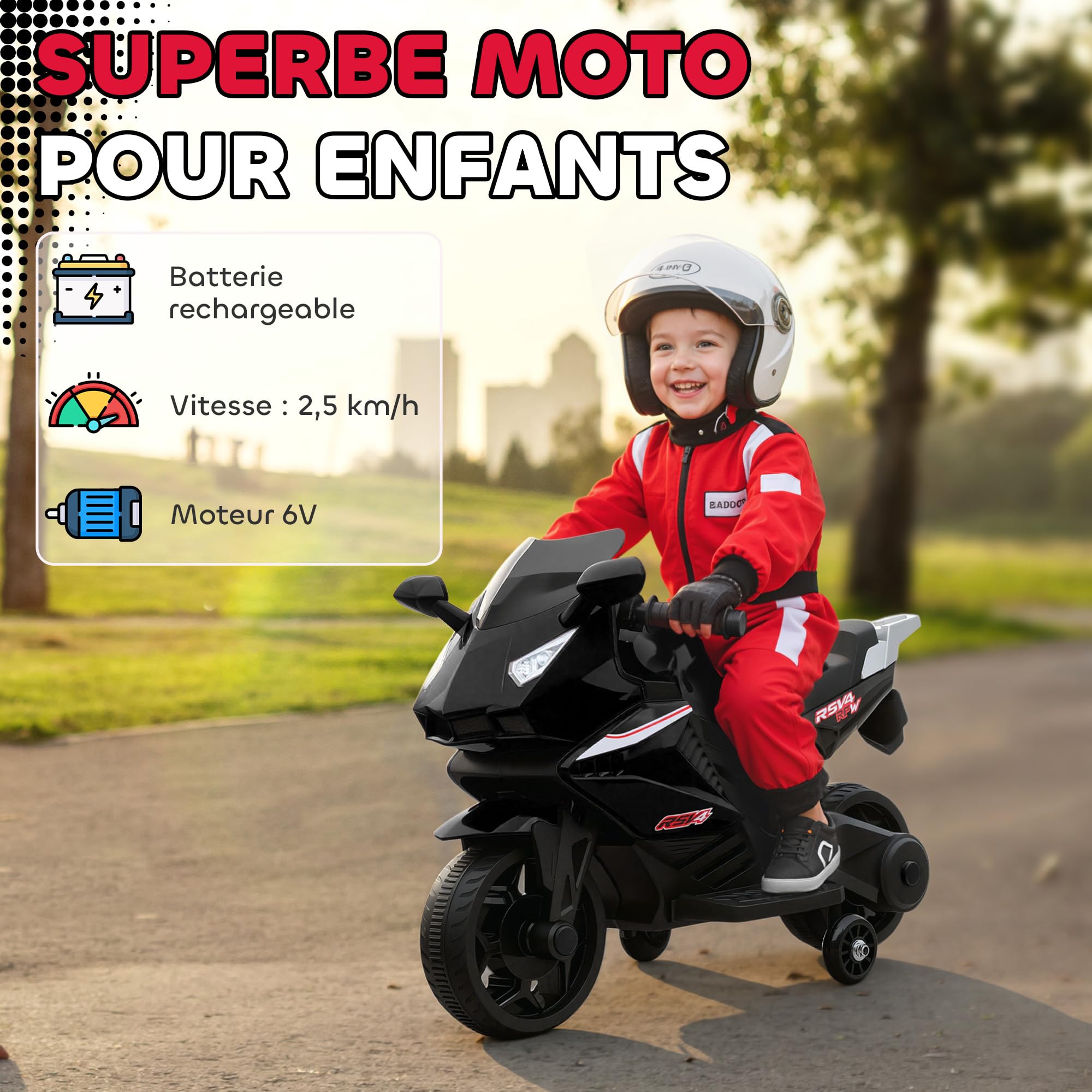 AIYAPLAY Moto électrique Enfants, Moto à Batterie 6 V avec Effets Lumineux et sonores, Roues d'entraînement, Vitesse 2,5 km/h, pour 18 à 36 Mois, Charge Max. 25 kg, Noir