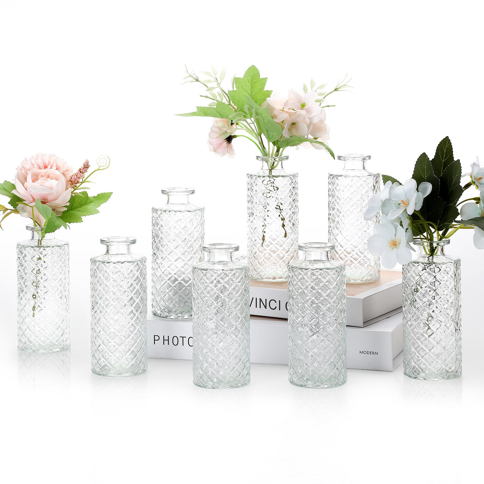 Mozvvco Lote de 8 Mini Jarrones de Cristal, Pequeños Floreros de Cristal, Pequeños Floreros, Jarrones de Mesa, Jarrones Decorativos de Cristal para Decoración de Mesas de Bodas