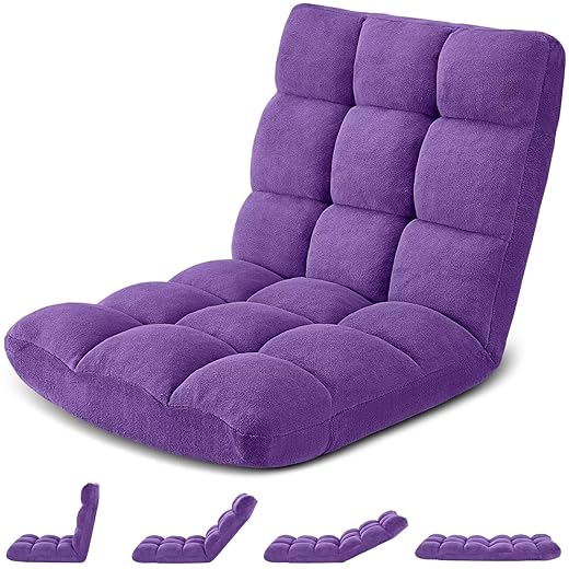 Avocahom Folding Floor Gaming Chair, Adjustable 14-Position Backrest, 6-Inch Thick Flannel and Skin-Friendly Cotton Sponge, Breathable, Ideal for Gaming, Meditating, Sleeping, Purple