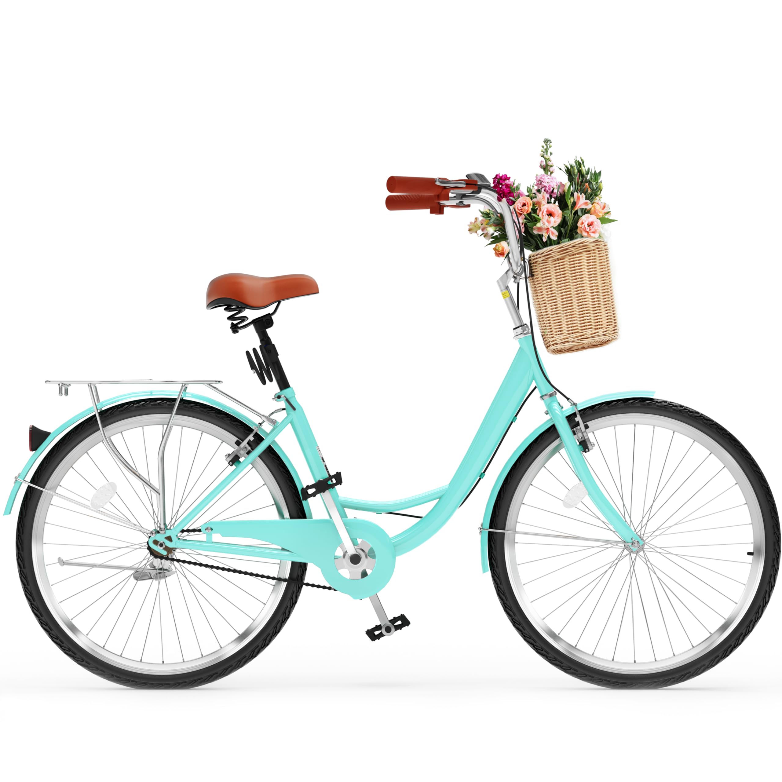 Beach Cruiser Bike for Women, 24 & 26 inch Commute Bike for Adults, 1 & 7 Speed Womens Bicycle with Basket Adjustable Seat, Multiple Color