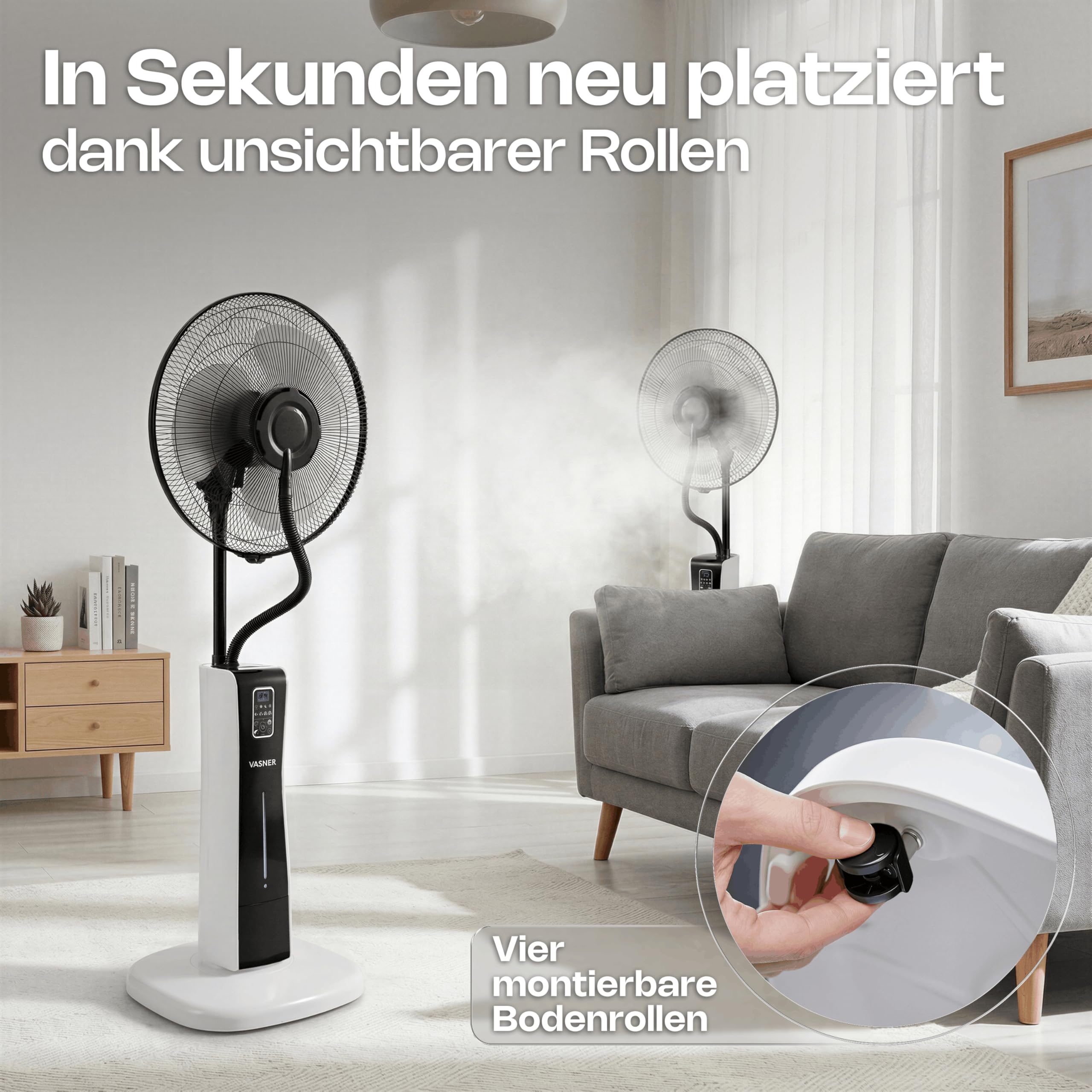 VASNER Cooly Standventilator mit Sprühnebel – Ventilator Leise mit Kühlung – Großer Stand Ventilator mit Fernbedienung – Luftkühler Wasserkühlung 3 Stufen Timer Oszillation - Mit Schwenkfunktion