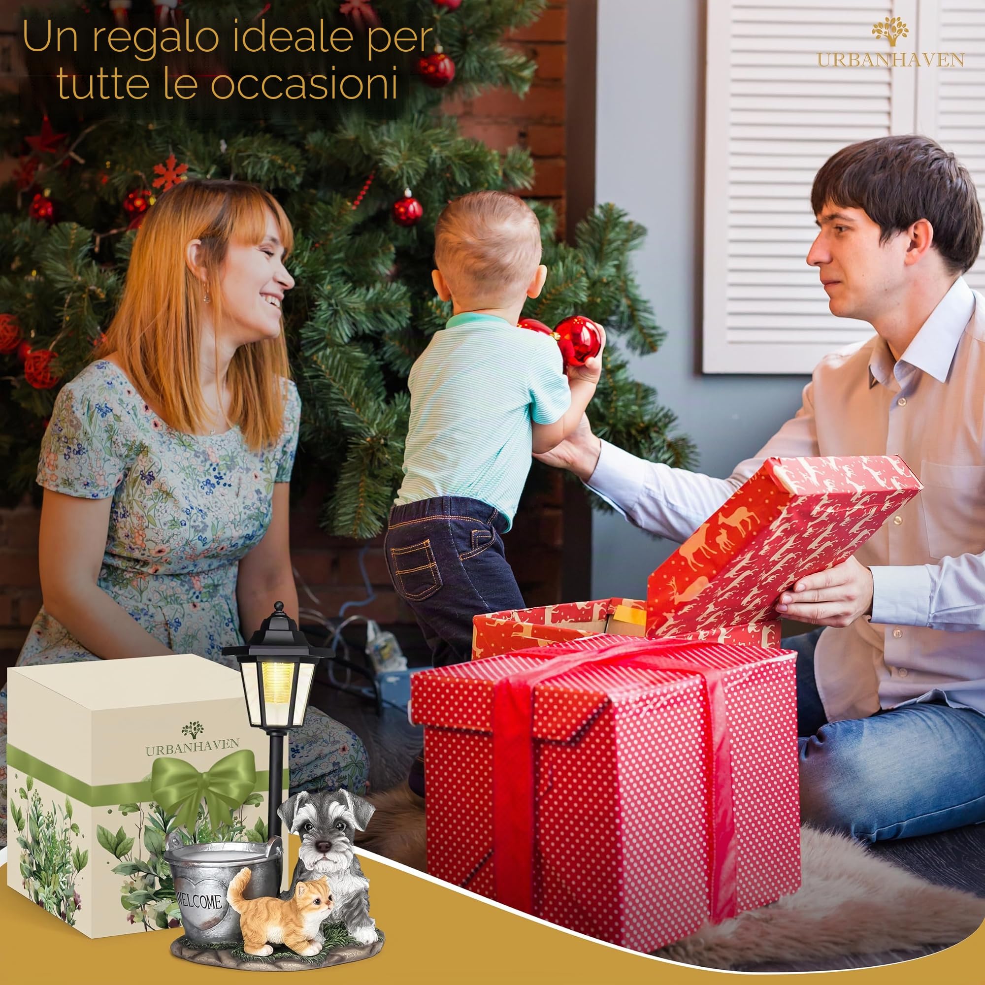 UrbanHaven Lanterna solare per esterni a forma di cane e gatto, ornamenti da giardino in resina con luce solare | Luci da giardino e regali con confezione regalo