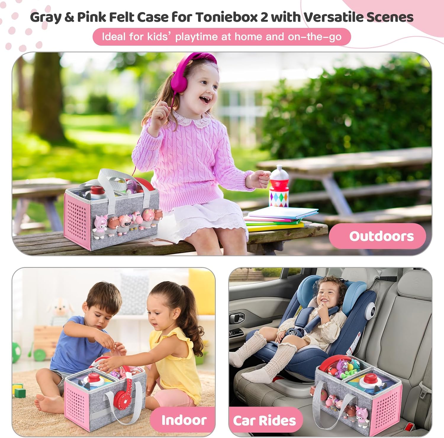 Carrying Case for Toniebox Starter Set and Tonies Figurines, Travel Felt Cloth Musical Toy Folding Bag for Toniebox 2 & Accessories (Pink) - Image 3