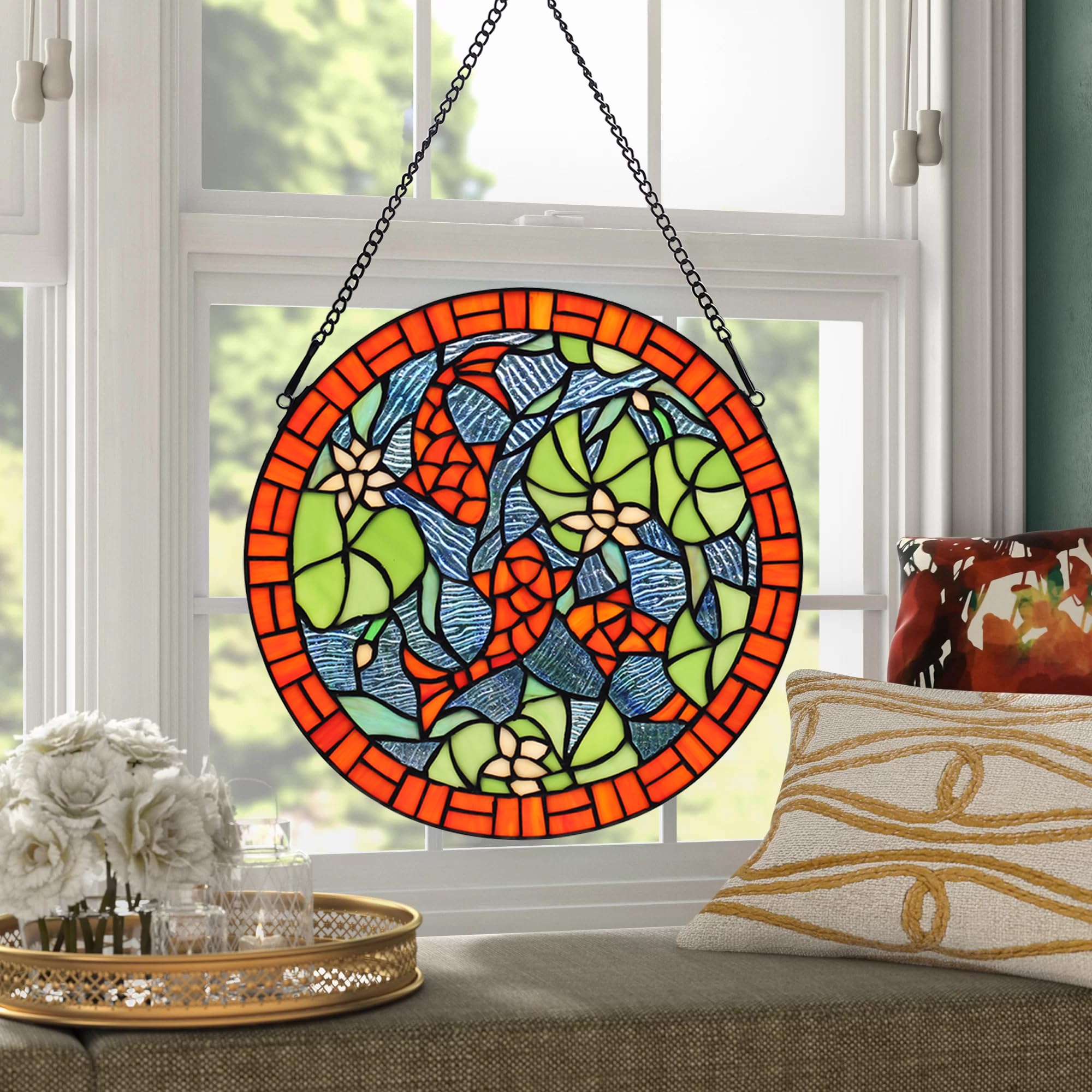 Buntglas-Fensterpaneele im Tiffany-Stil, rund, Lotusblatt, Karpfen-Fensterbehang, Sonnenblende, Wohnzimmer, Schlafzimmer, Küche, Wanddekoration, handgefertigt, Kunst-Sonnenfänger,