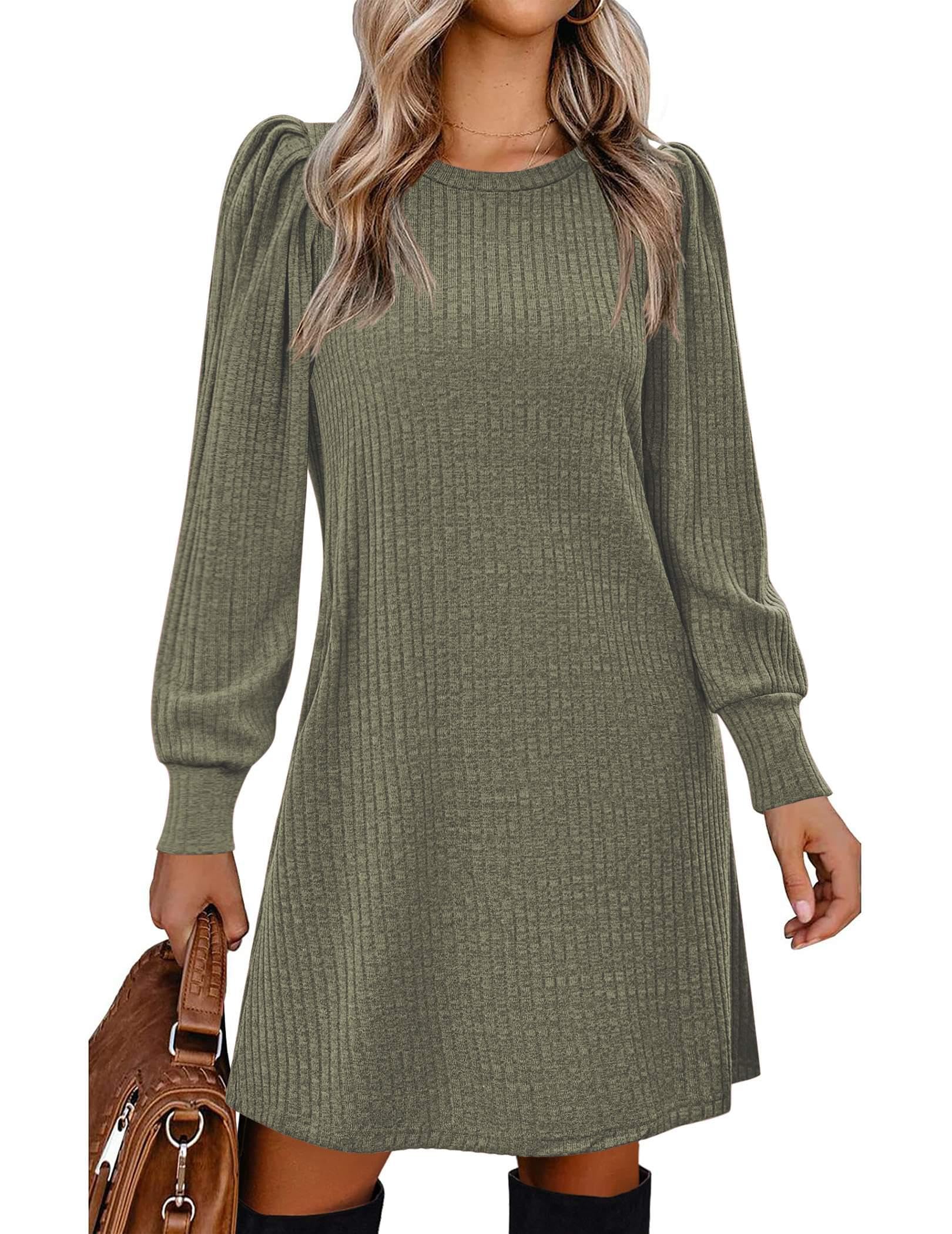 Zeagoo Robe en tricot avec manches bouffantes pour femme - Automne et hiver - Col rond - Robe tunique décontractée