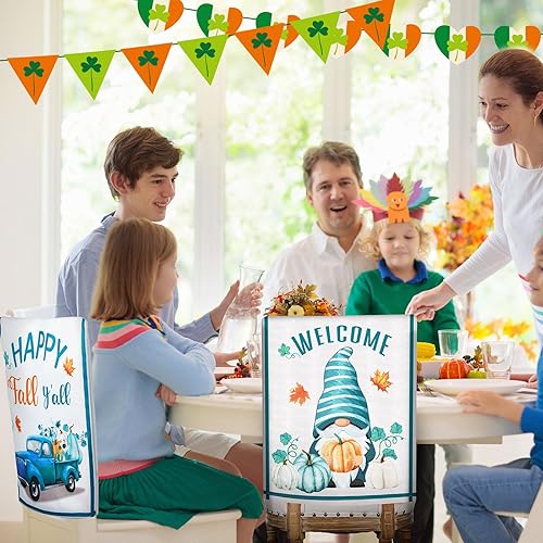 Miniatura 7 de Blulu 4 fundas protectoras para sillas de comedor de Acción de Gracias, calabazas blancas y azules, gnomo, decoraciones de otoño, fundas de asiento