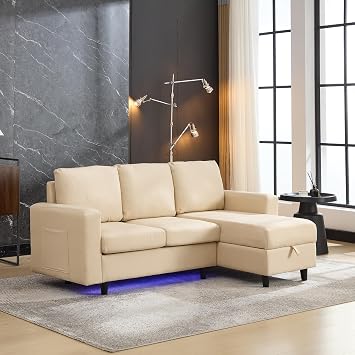 L-Shaped Sofa Bed with Storage, 3 Seater Sleeper Sofa Couch with USB, LED, Convertible Settee Sectional Sofa for Apartment Living Room, Office, Beige, 180 * 120 * 72cm