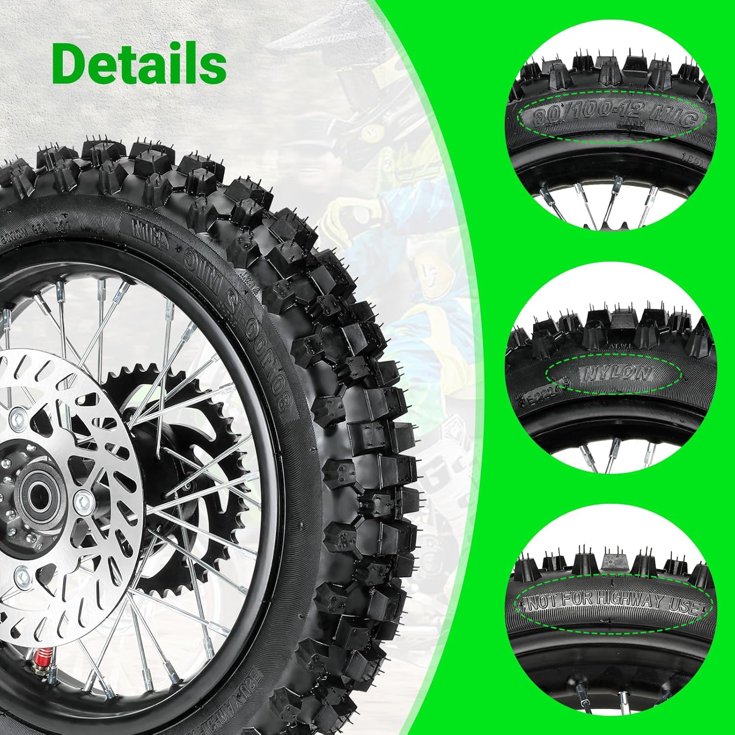 12'' Rear Wheel 80/100-12 3.00-12 Dirt Bike Tire and Inner Tube Assembly for 110cc 125cc SSR SR125 CX65 TaoTao DB14 Coolster QG-214 with Brake Rotor 428 41T Chain Sprocket