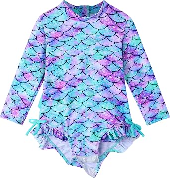 XFGIRLS Toddler Girl Long Sleeve Swimsuit UPF 50+ One Piece Rash Guard with Ruffle Snap Crotch Baby 3-36Months