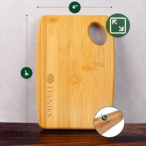 Miniatura 3 de Daniks Tabla de cortar de bambú de 9 x 6 pulgadas (pequeña), extra gruesa y resistente, con orificio para colgar, previamente engrasada, respetuosa