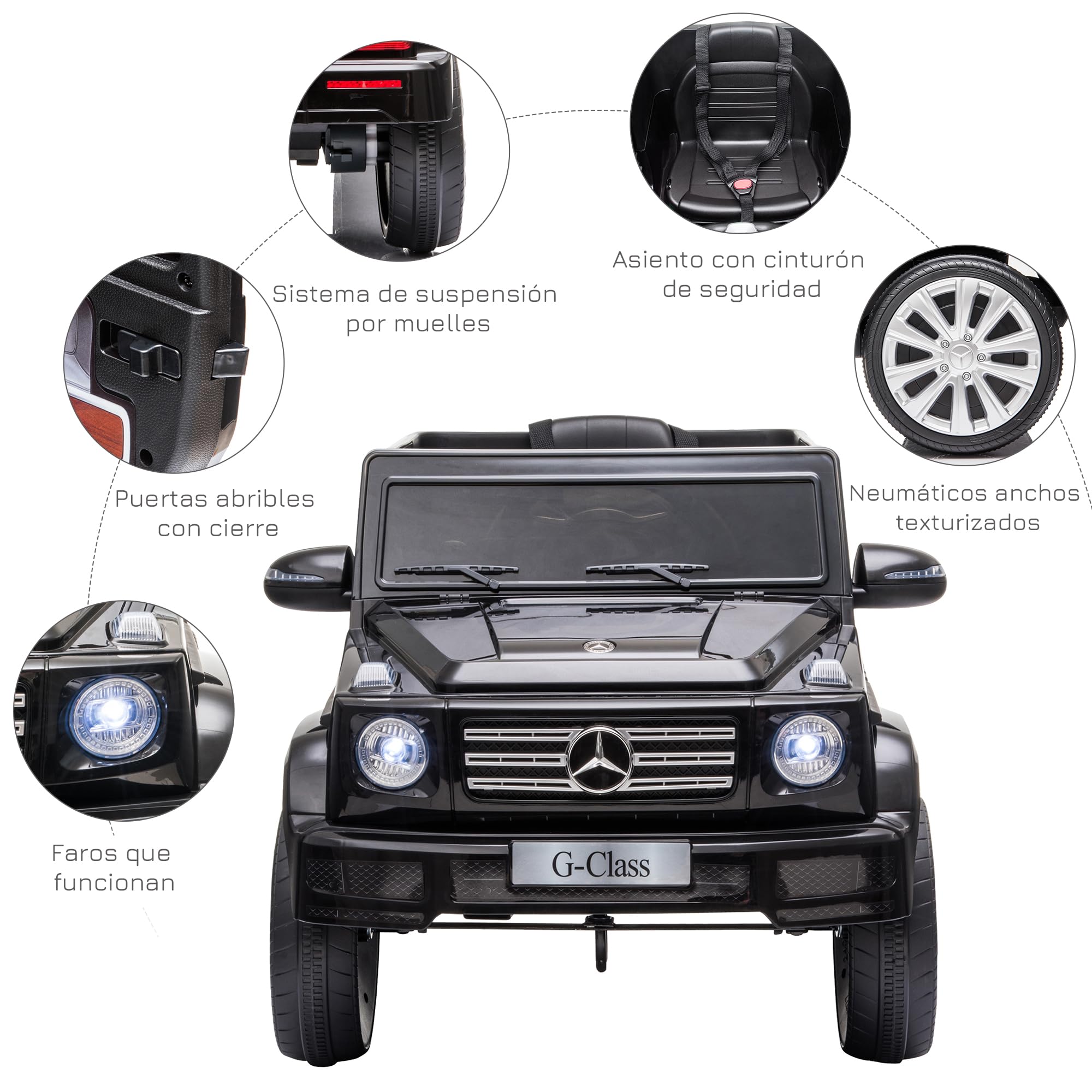 HOMCOM Coche Eléctrico para Niños de +3 Años Benz G500 Todoterreno de Batería 12 V Vehículo Eléctrico con Control Remoto Música Bocina Velocidad 3-5 km/h Carga 30 kg Negro