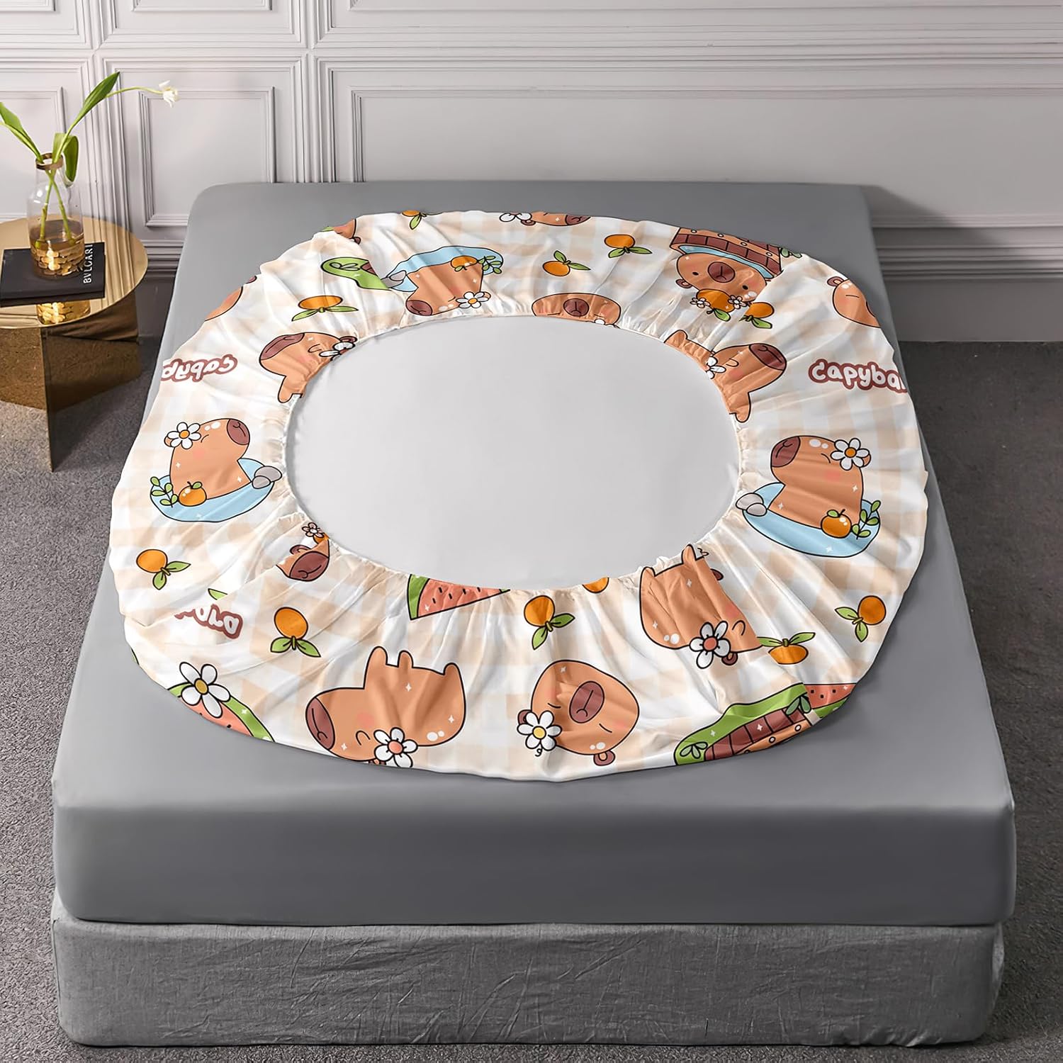 AILONEN Cute Capybara Fitted Sheet Set Full Size, Cartoon Capybara Orange Bedding Set for Kids Teens Girls Boys,Kawaii Animal Bed Sheet Set,1 Fitted Sheet + 2 Pillowcases,3Pcs