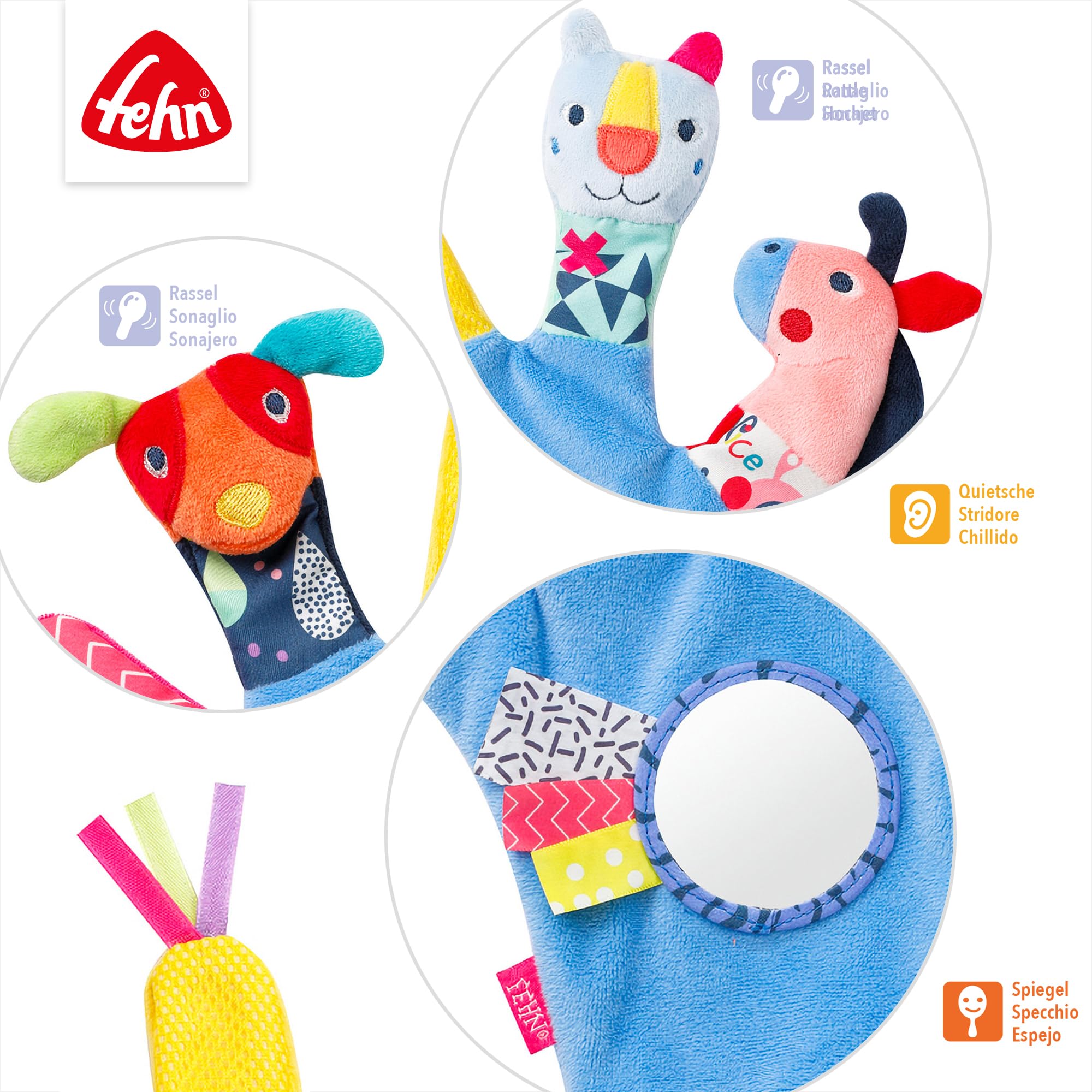 Fehn Guanto da gioco Color Friends - da afferrare e produrre rumori, con sonaglio e squeaker - Burattino per bambini da 0+ mesi