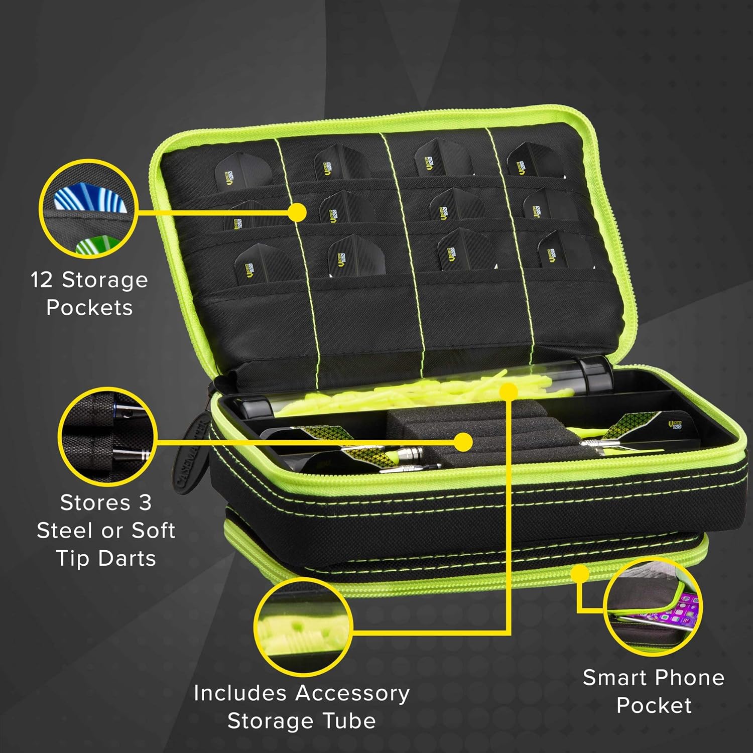 Casemaster Plazma Plus, 3 Dart Case for Soft and Steel Tip Darts Features Large Front Mobile Device Pocket, Built-in Storage Tube and Pockets for Flights, Tips, Shafts, and Personal Items