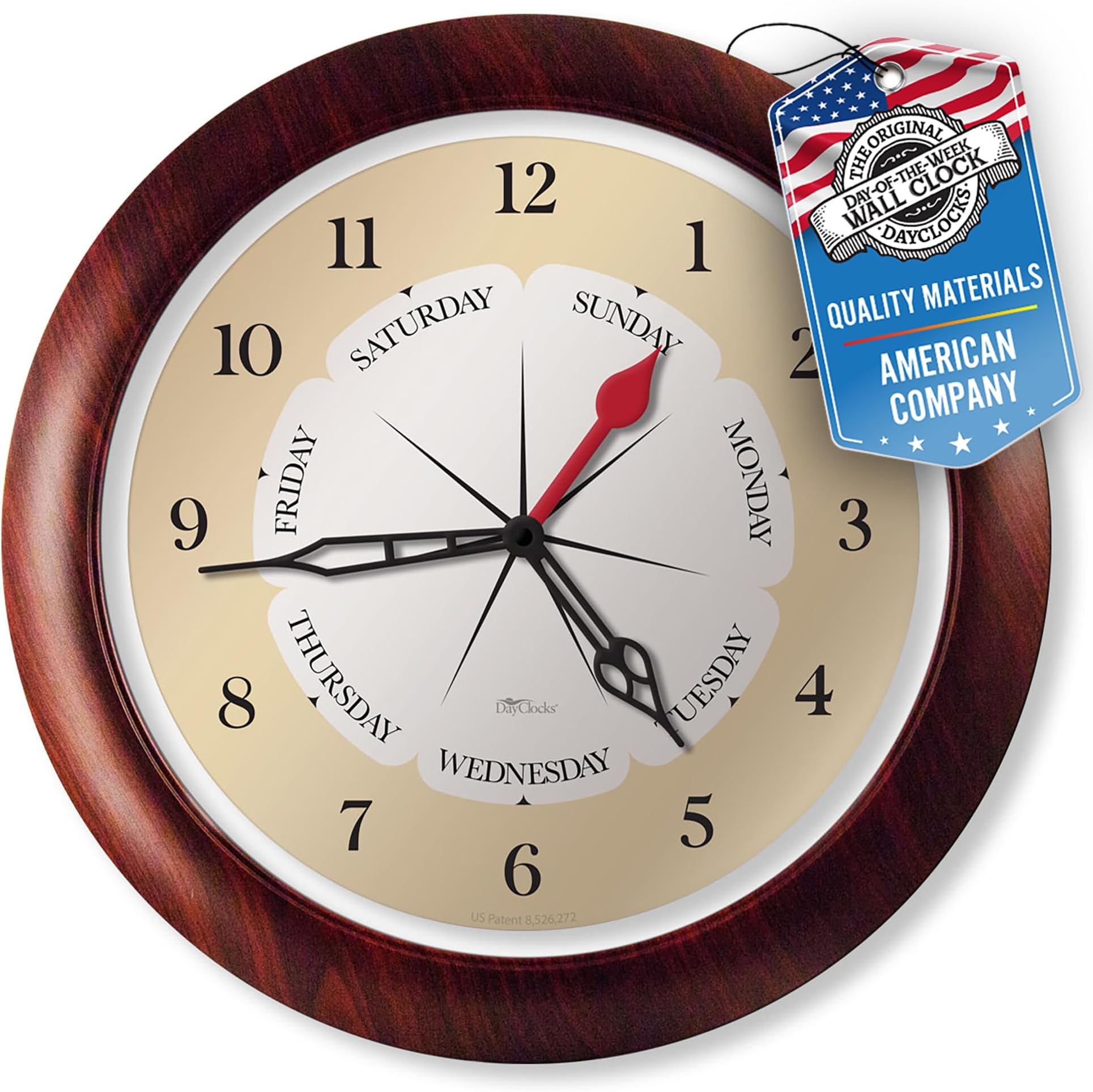 Time & Day of The Week Wall Clock with 13.5โ Walnut Accent Frame โ โ Ideal Retirement Gift for Men and Women, Day Clock for Seniors and Retirees