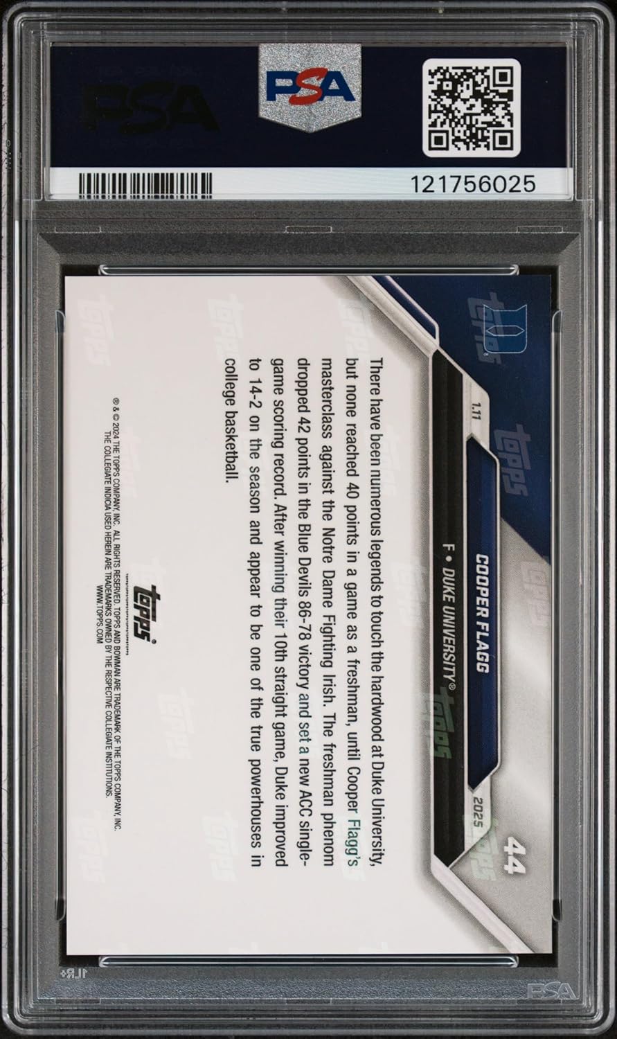 Graded Psa Gem Mint 10 Cooper Flagg 2024 Basketball Trading Rookie Card Bowman U #44 Duke Phenom Sets ACC Freshman Single Game Scoring Mark