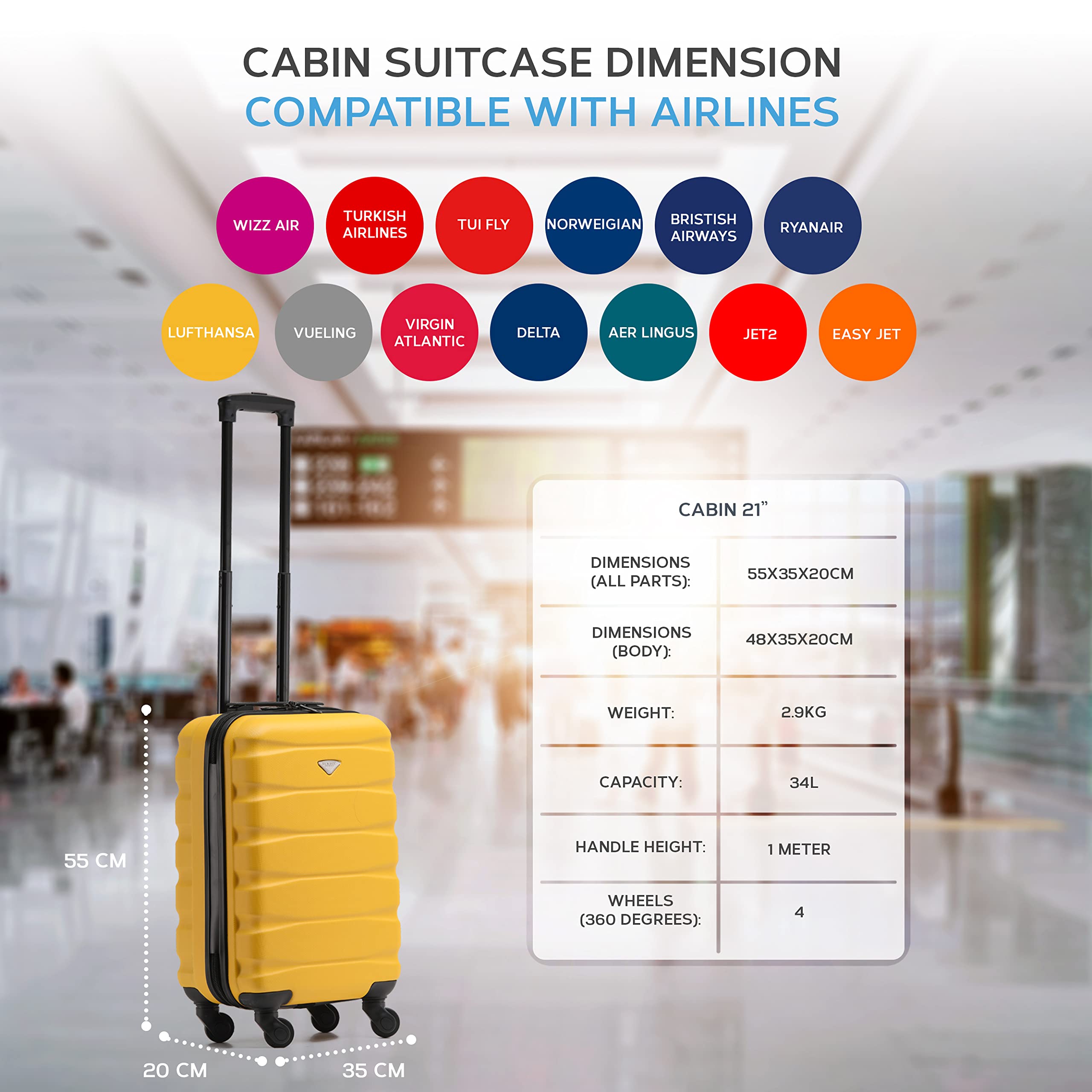 Flight Knight Cabin Suitcase 55x35x20, Carry On for Over 100 Airlines Like Ryanair, EasyJet, British Airways, Virgin Atlantic Lightweight Small Durable Cabin Bag, ABS Hard Shell, Hand Luggage