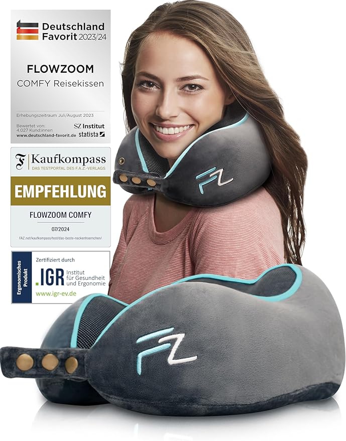 FLOWZOOM Comfy Nackenkissen Flugzeug & Auto - Einstellbares Memory Foam Reisekissen mit flexiblen Druckknöpfen für 360° Stütze, atmungsaktiver weicher Bezug - inkl. Transportbeutel - Grau