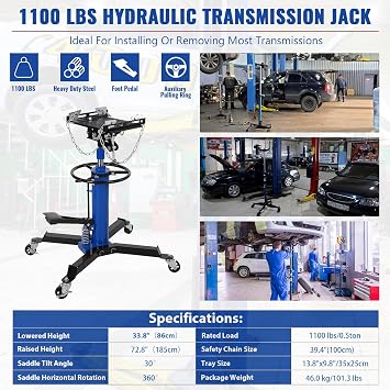 Hydraulic Transmission Jack 1100 LBS Capacity 33.8-69 Lifting Height 2 Stage Hydraulic Telescoping Jack, Trans Jack Stand Heavy Duty with Foot Pedal and 360 Swivel Wheel, Blue