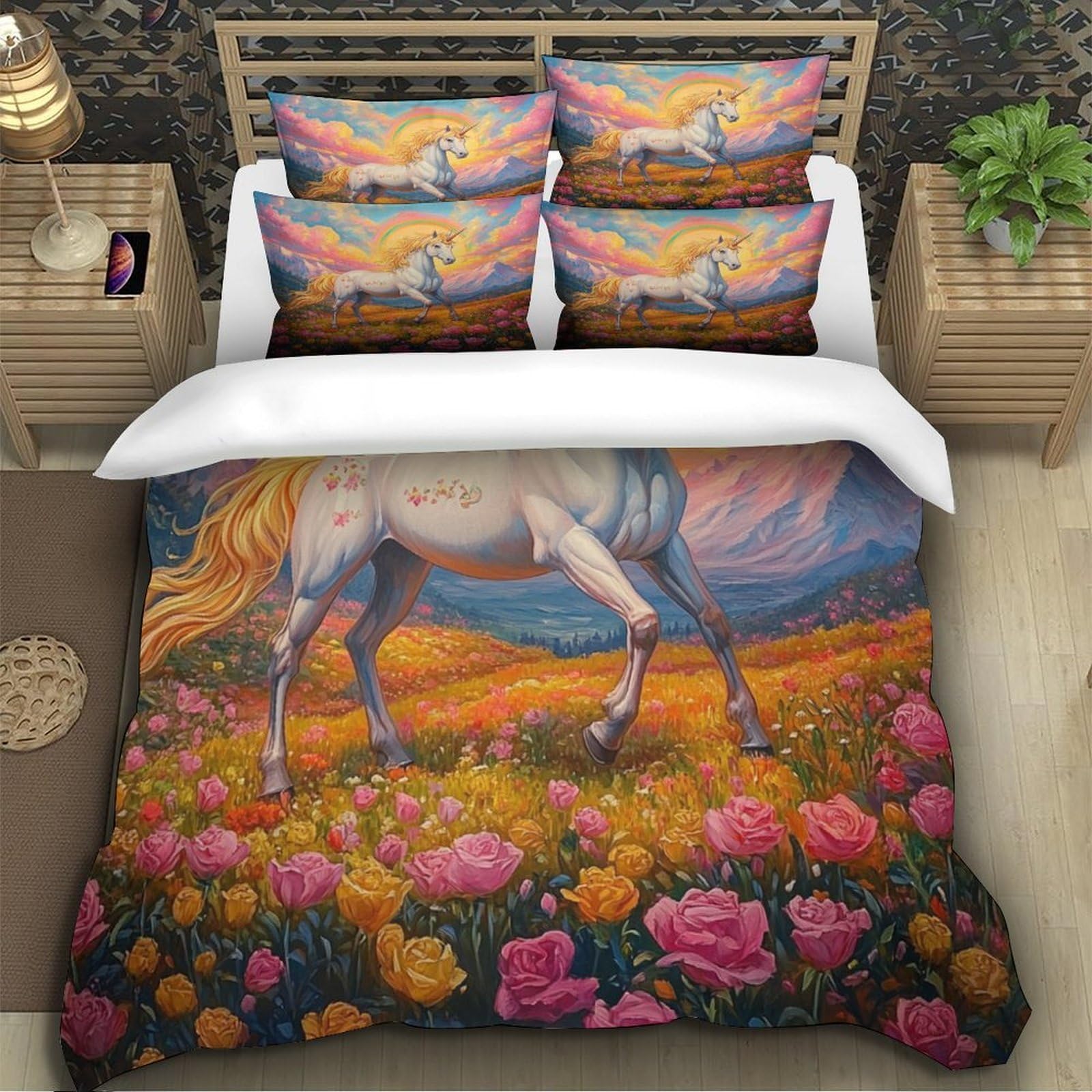 Fantasia di unicorno Impressione 3D 3 pz fodera per edredone Arte di creature mitiche coperteletto microfibra traspirante antiacari per ragazzi adolescenti uomini King（220x240cm）