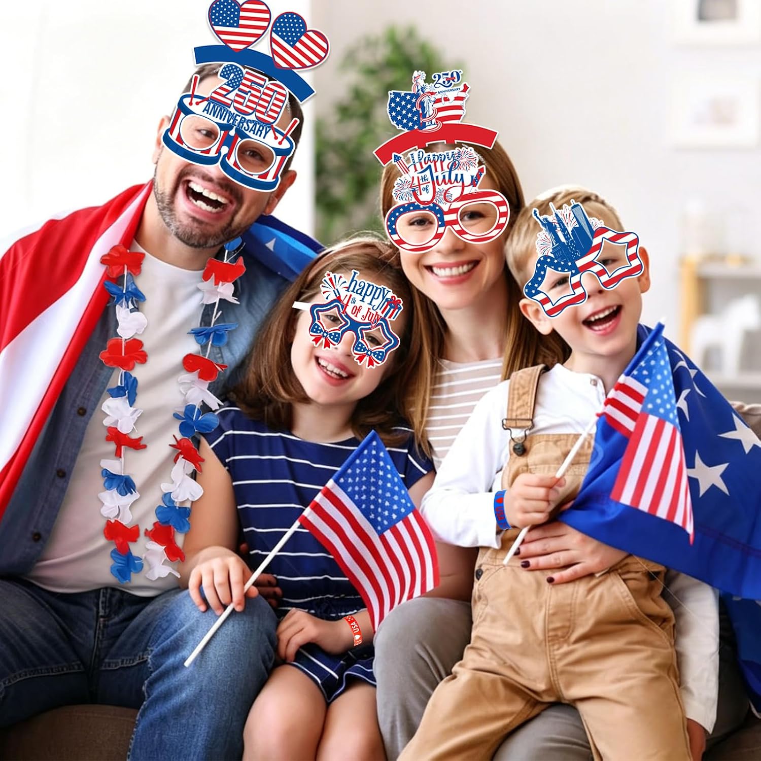 134PCS 4th of July Accessories 4th of July Decorations 250th Anniversary Headband Glasses Flower Leis Bracelet Tattoo Sticker for Patriotic Themed Party,Memorial Day, Independence Day Decorations