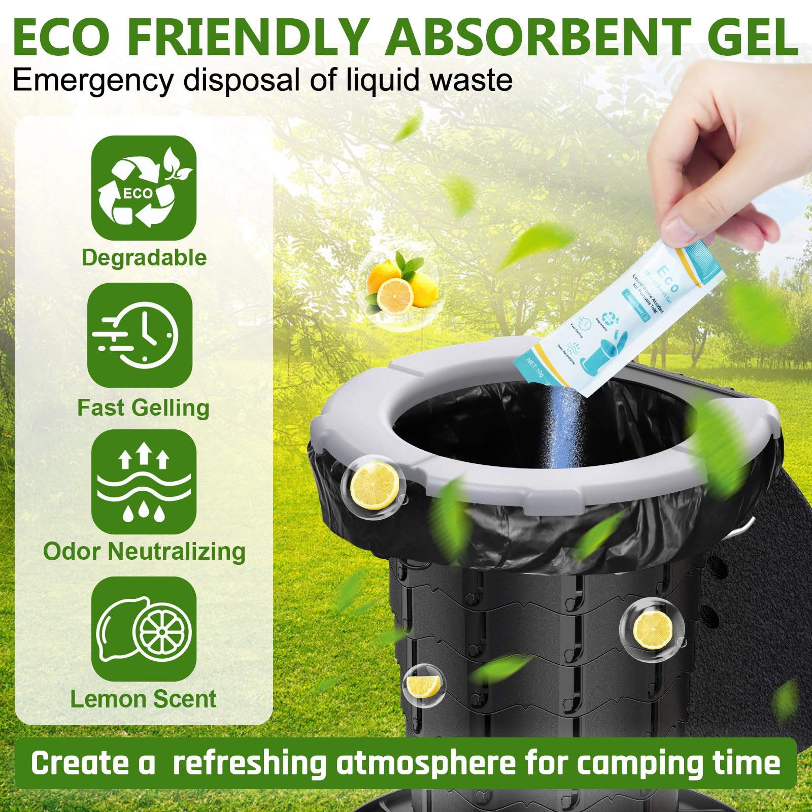 BLIKA Juego de bolsas de inodoro de gel ecológico para camping, bolsas de inodoro portátiles con gel, 8 galones, 30 litros, resistentes 1 mil, bolsas de repuesto para inodoro con polvo de inodoro para