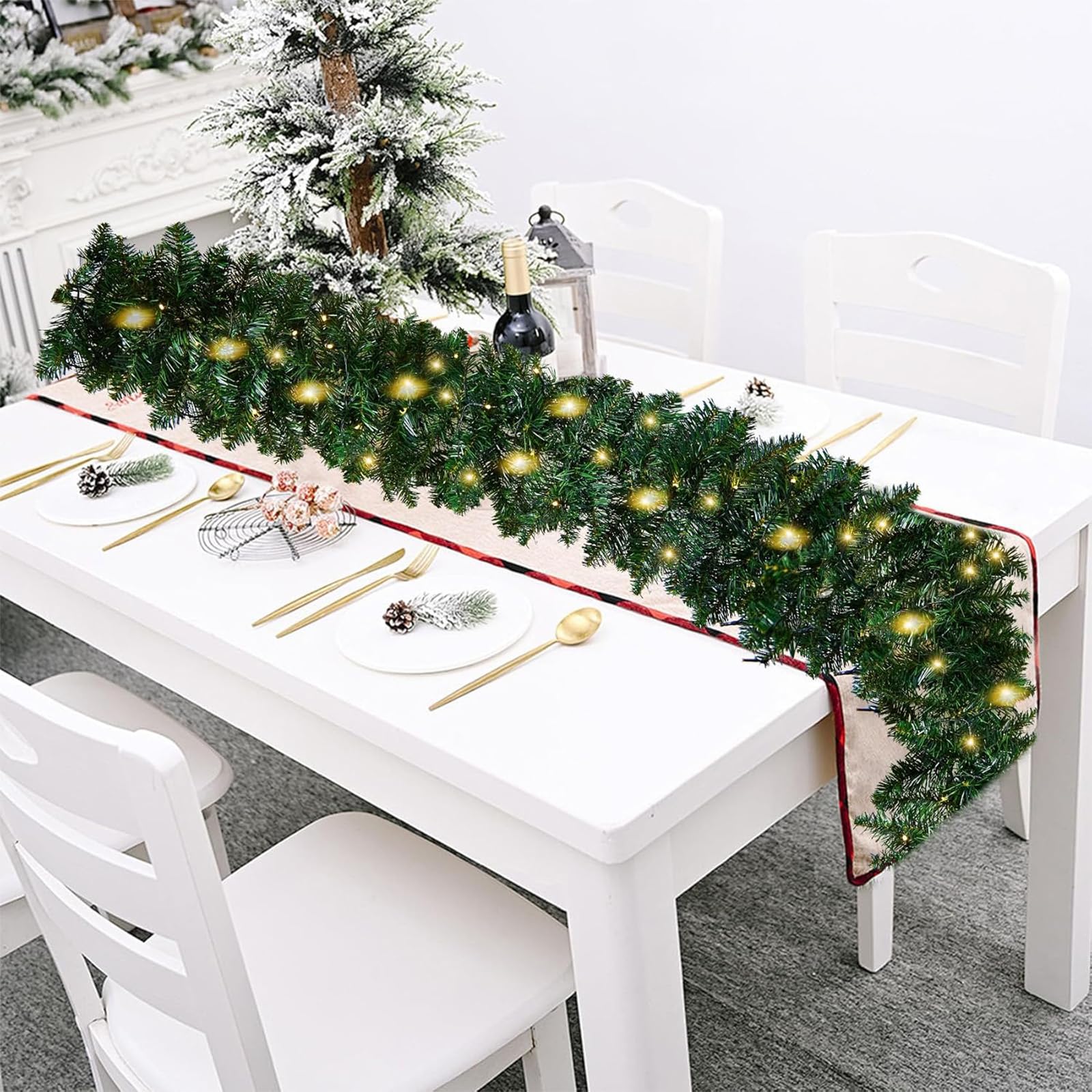 Guirnalda de abeto de 540 cm con 70 ledes de color blanco cálido, iluminada para interior y exterior, guirnalda de abeto artificial para escaleras, puertas y chimeneas