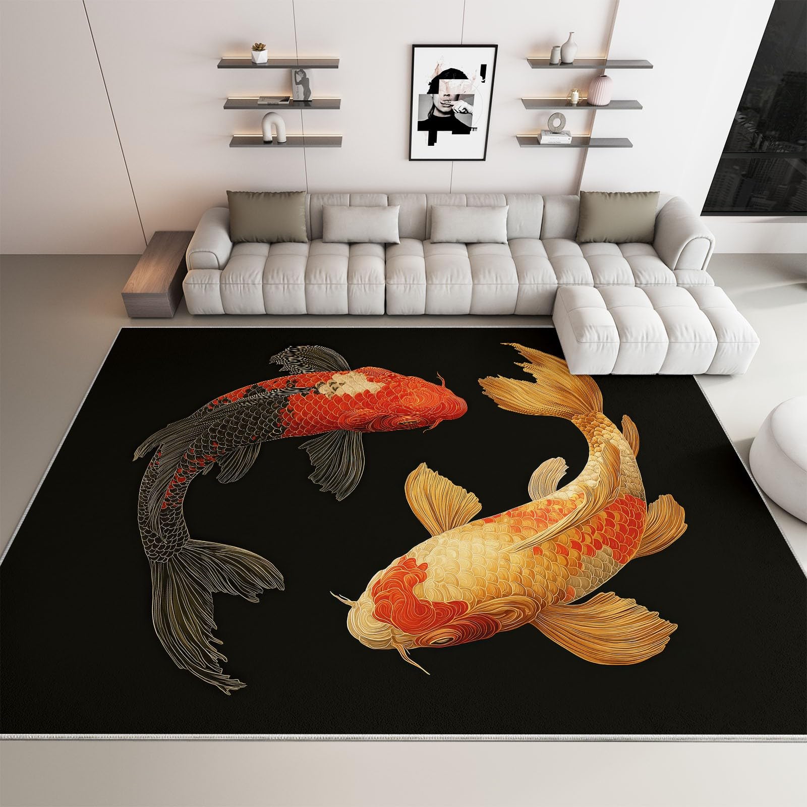 Tapis traditionnel carpe koï noir au design élégant