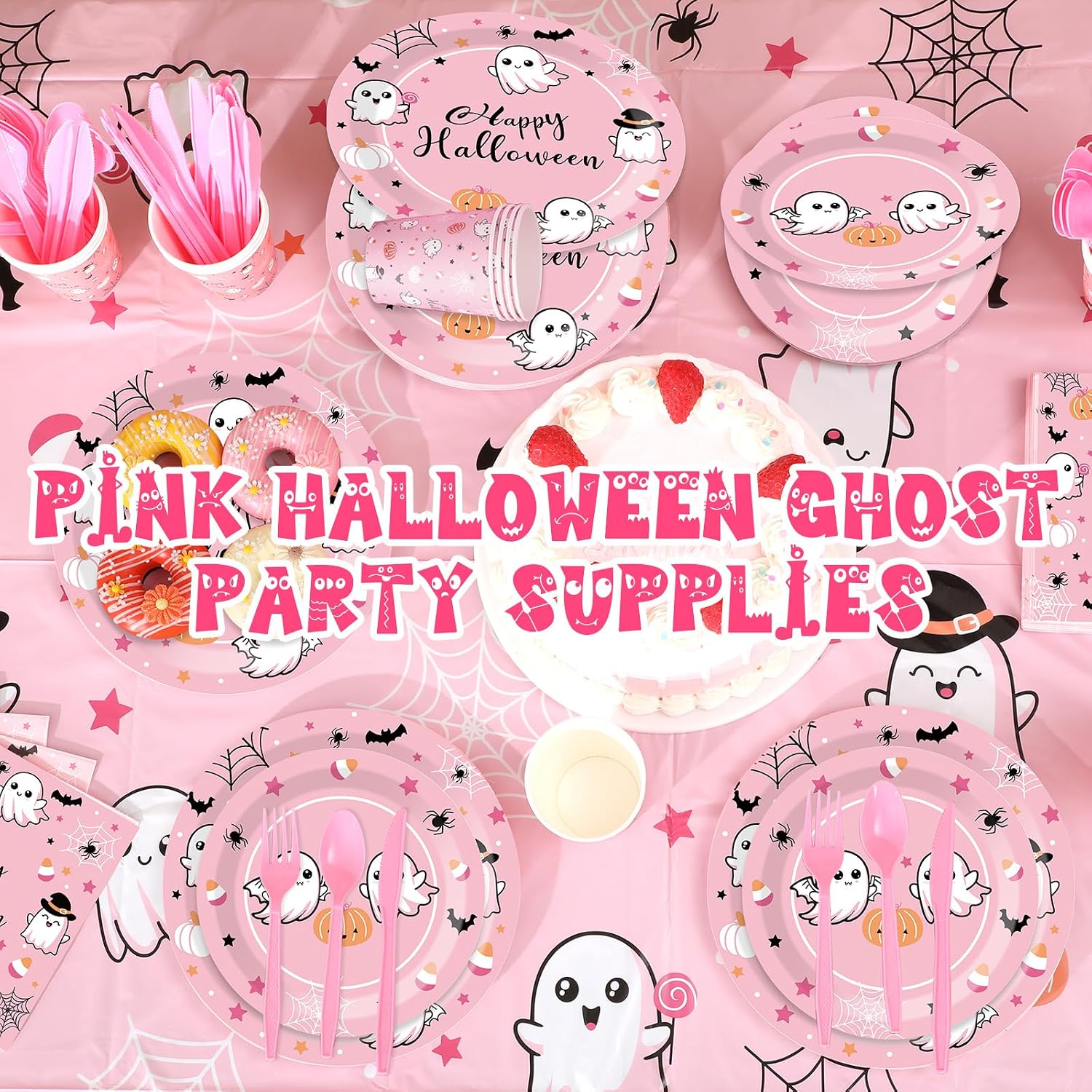 LemonRoad 246 Pcs Happy Halloween Boo Day Party Decorations Serves 24 Pink Halloween Party Supplies with Paper Plates Napkins Cups Plastic Tablecloth Cutlery Set Spooky Tableware Set for Girl Birthday
