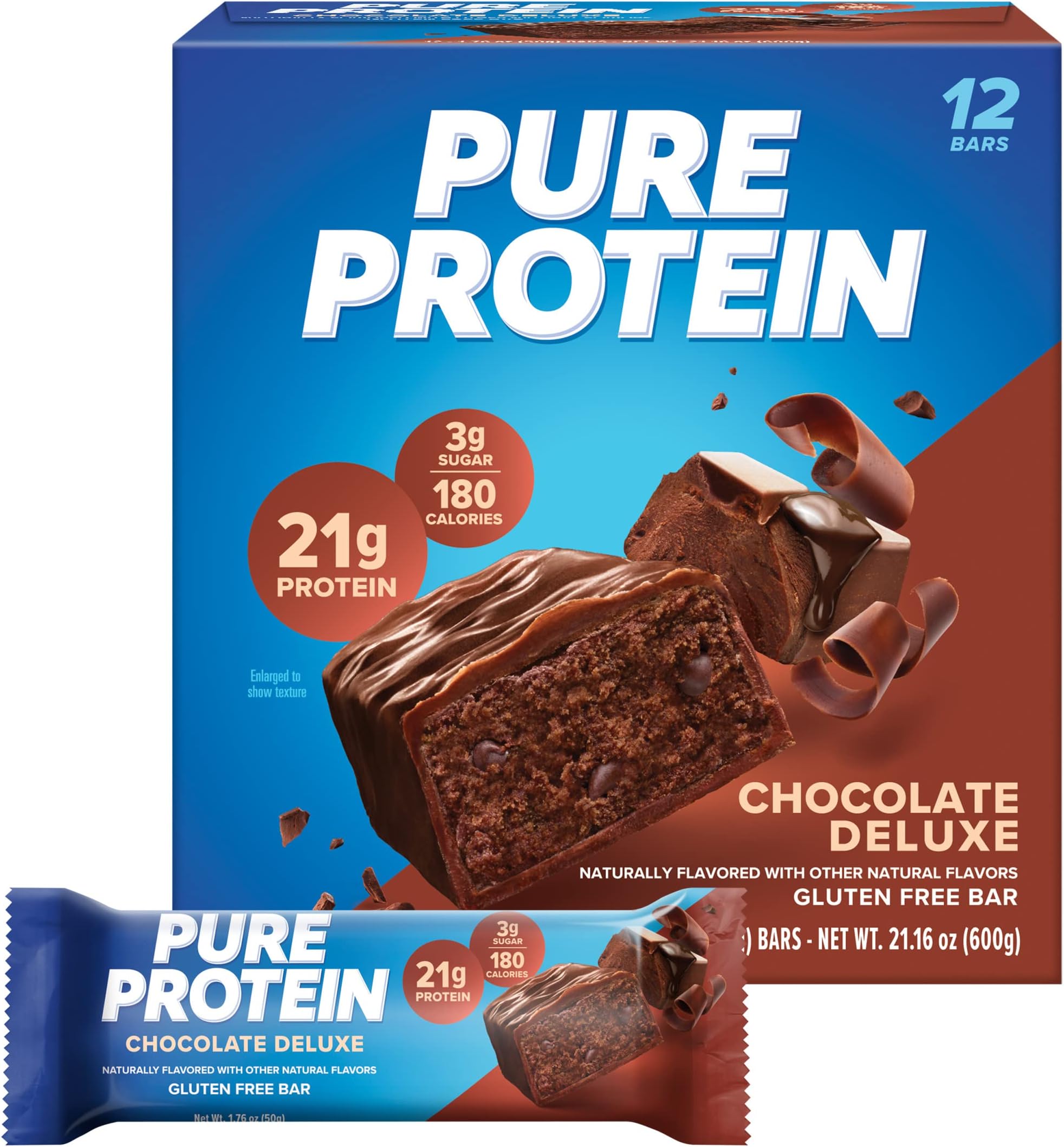 Pure Protein Chocolate Deluxe Protein Bars – 21g Protein, 3g Sugar, 190 Calories (12 count) Low Sugar* High Protein Snack - Gluten Free - Perfect for a Healthy Snack