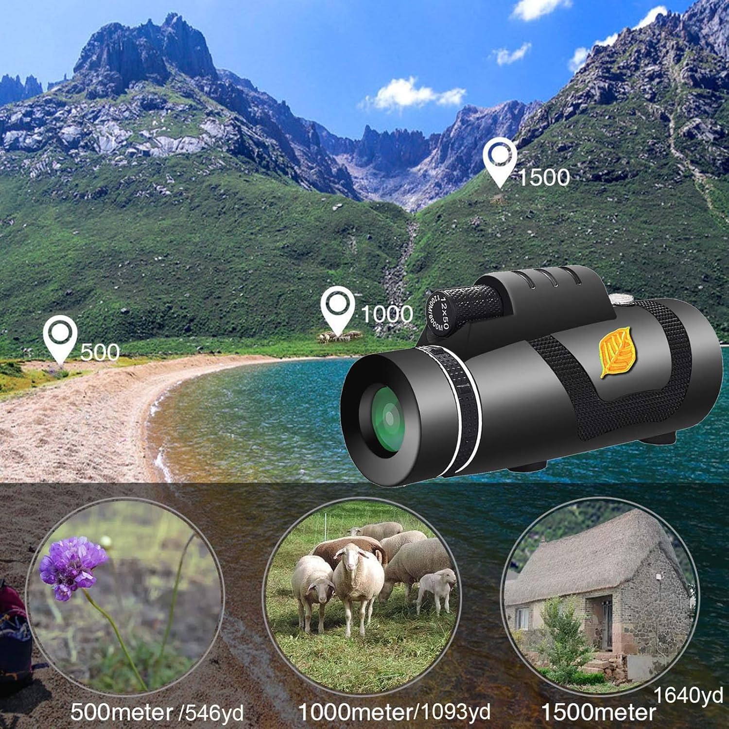 Monocular Telescope,High Power 12X50 Handheld Prism Scope with Smartphone Holder for Adults BAK4 FMC Waterproof for Hiking Hunting Camping Travelling Wildlife Secenery Bird Watching Gifts