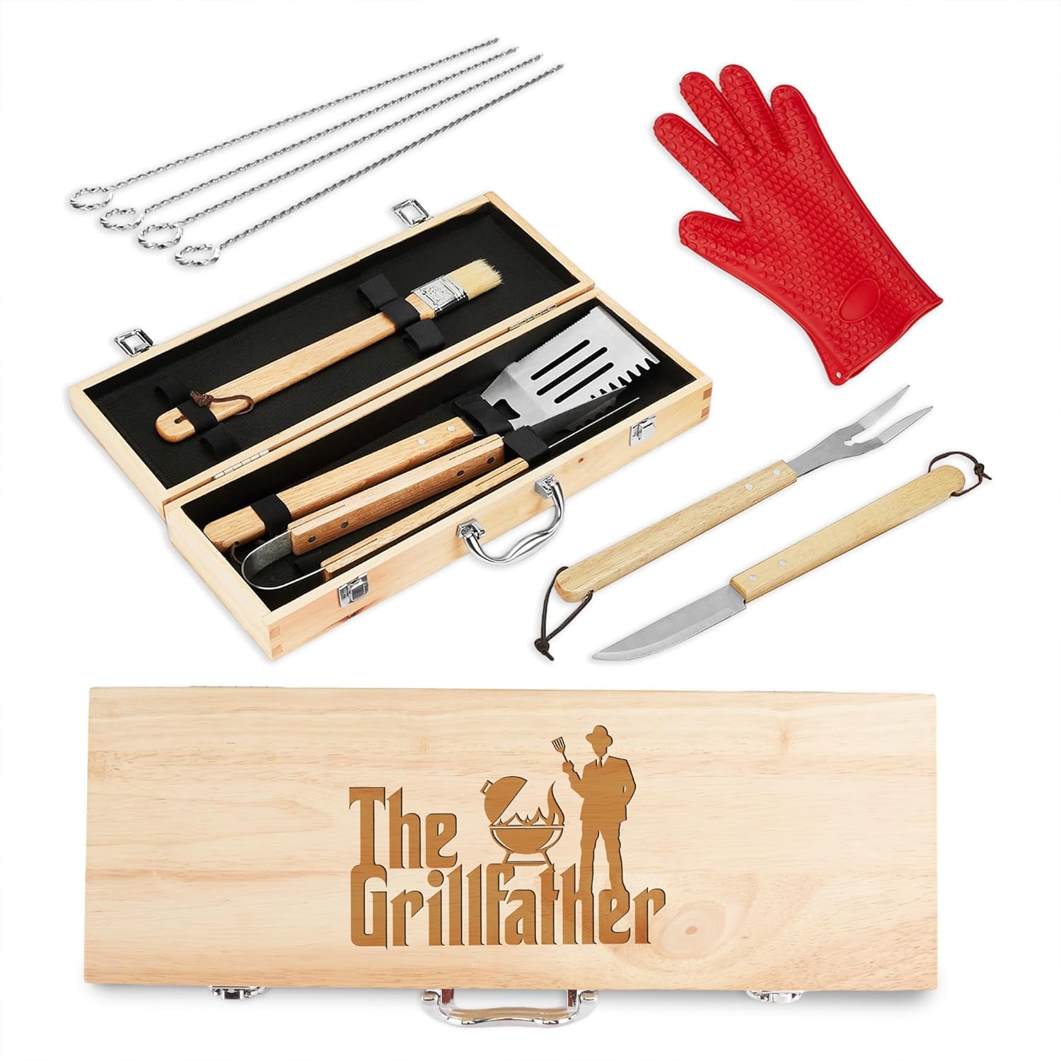 11-Piece BBQ Grill Tool Set with Engraved Maple Wood Gift Box with Stainless Steel Barbecue Accessories with Wooden Handles – The Grillfather Grilling Kit for Dad, Men, Husband