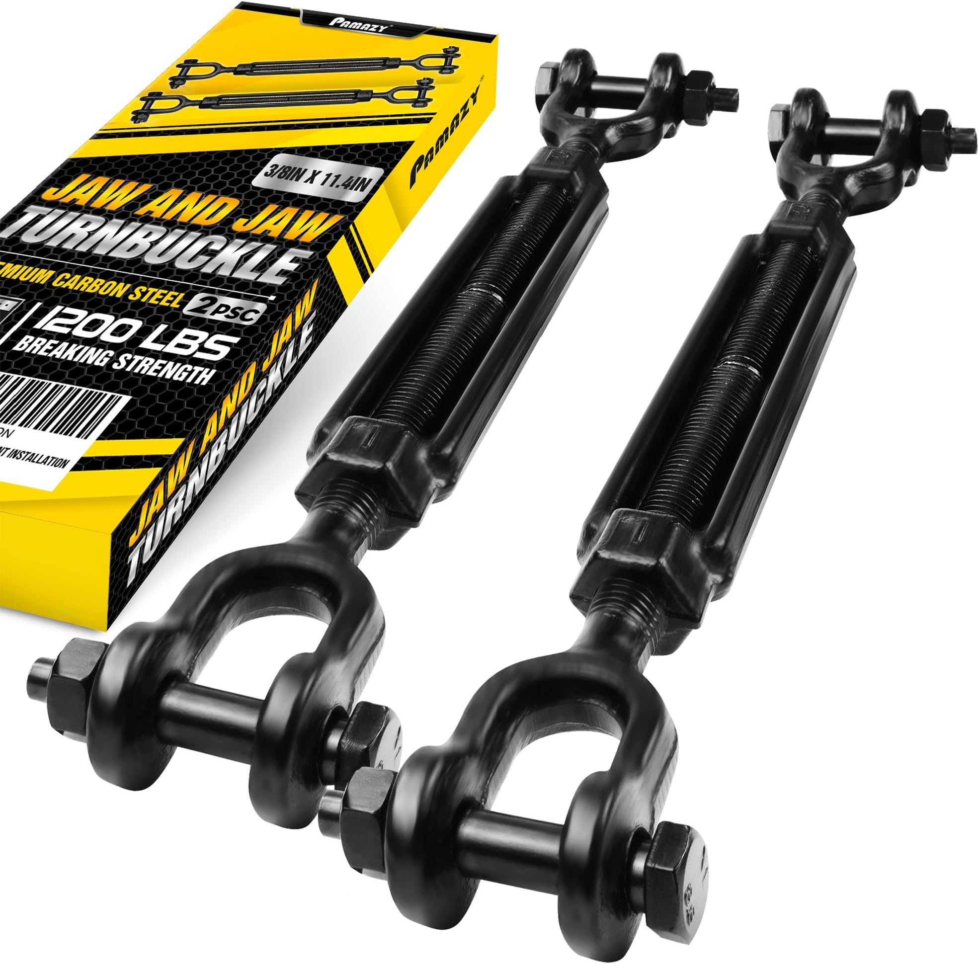 [Premium] 2 Pack 3/8”x11.4” Ultra Durable Jaw and Jaw Turnbuckle, 1200 lbs Working Load Limit, Weather Resistant, Durable Black Turnbuckle for Wire Rope Tension, Shade Sail Hardware, Sun Shade Tent