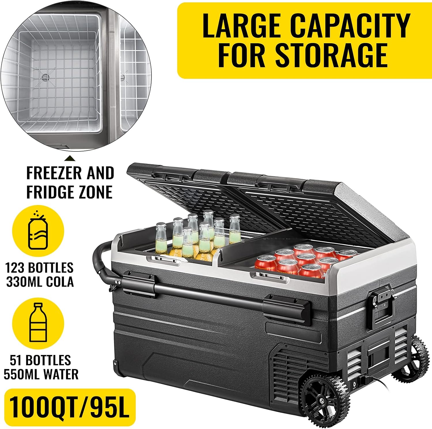 Diagram showing the large capacity of the VEVOR portable refrigerator, indicating space for 123 bottles of 330ml cola or 51 bottles of 550ml water, with a total capacity of 100QT/95L.