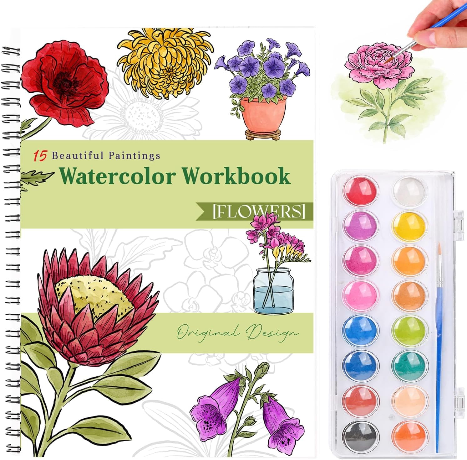 Watercolour Workbooks for Adults,16 Colors 15 Beautiful Paintings, Pre-Outlined Designs, Easy Watercolour Art Book for Beginner,Relaxing Art Projects and Creative Gift for Women