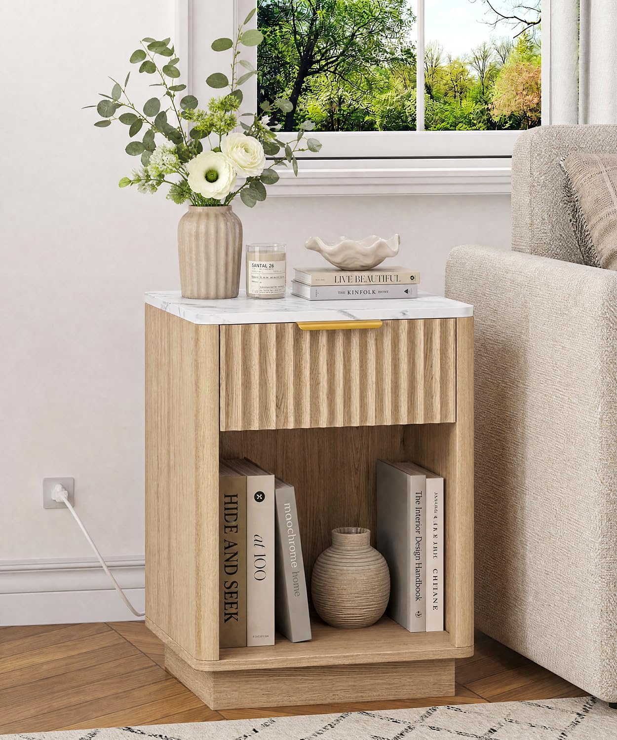 Akxomel Fluted Nightstand Bedside Table with Charging Station Oak image 2