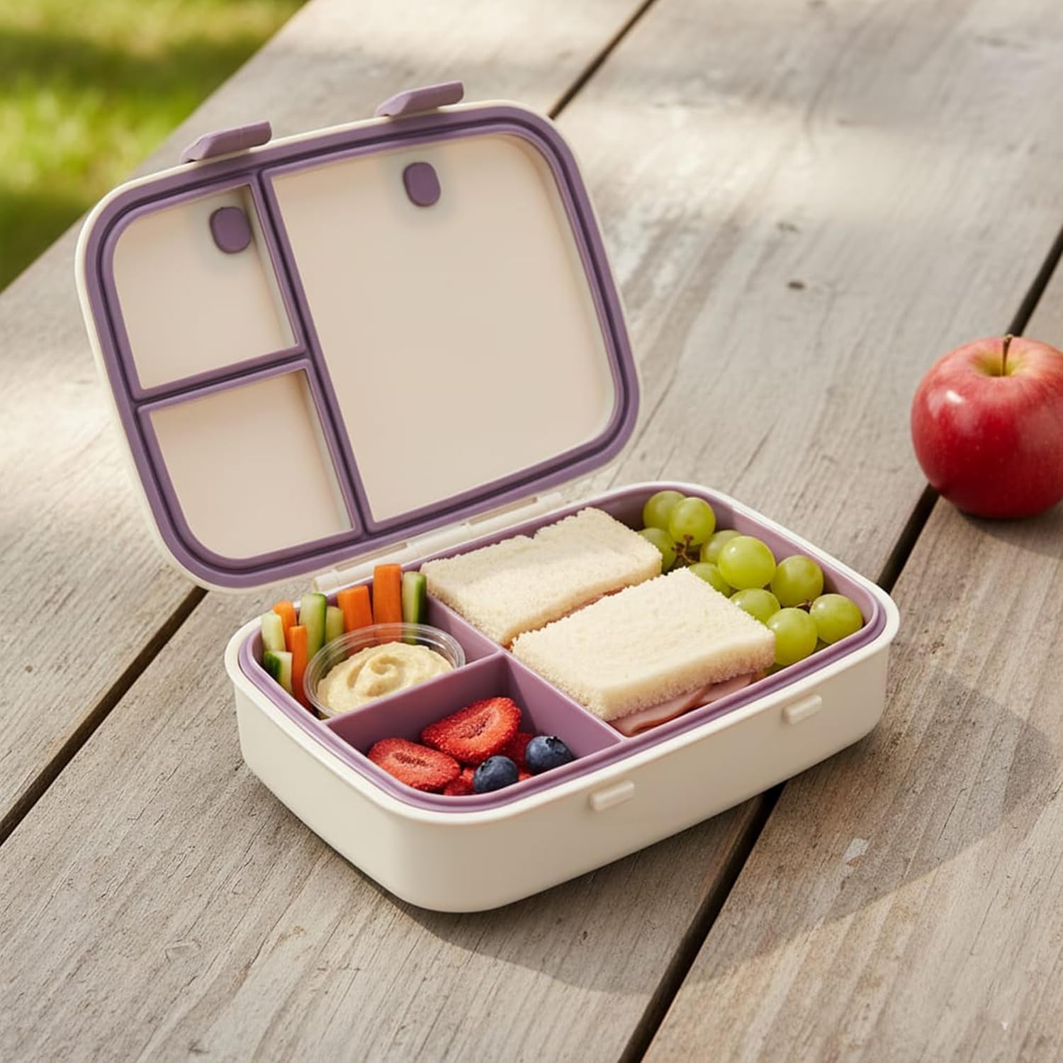Kids Bento Explorer Lunch Box, 3 No-Mix Compartments, Microwave & Dishwasher Safe, Lightweight with Removable Tray, for Daycare, Preschool, School, Purple Light Powder
