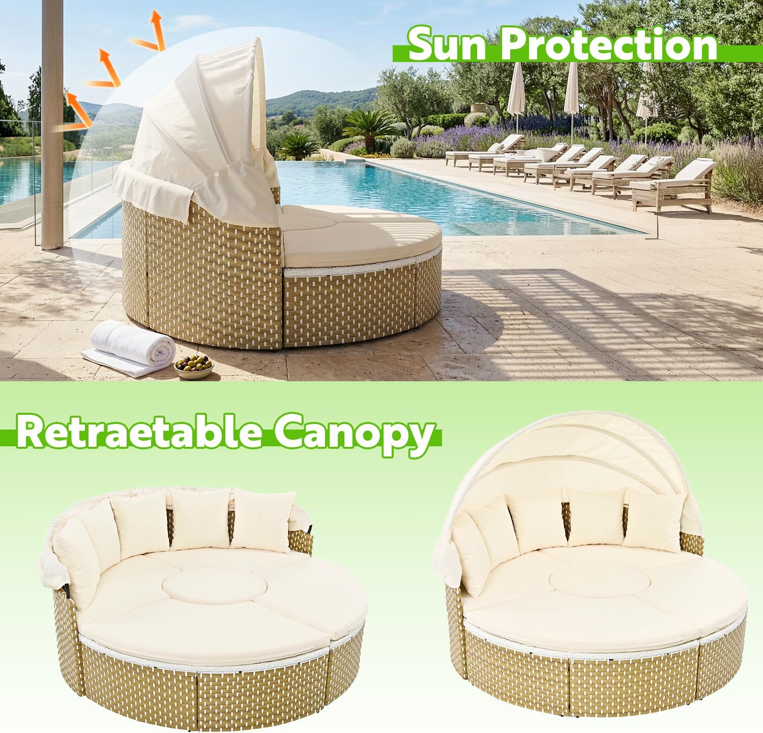 SoarFlash Outdoor Patio Canopy Bed, Round Daybed with Washable Cushions, Clamshell Sectional Seating Wicker Furniture with Retractable Canopy for Lawn Garden Backyard Porch Pool (Beige)