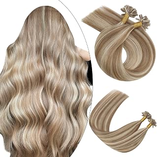 Ugeat U Tip Human Hair Extensions 22 Inch Keratin Hair Extensions Human Hair #P10/613 Highlight Gold Brown with Bleach Blonde Utip Hair Extensions Human Hair 50 Grams Pre Bonded Hair Extensions Nail Tip