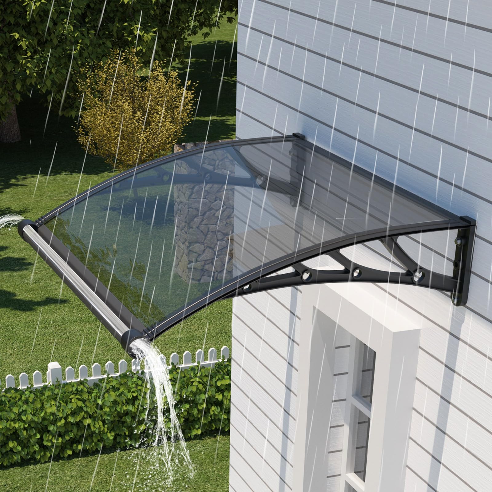 JYJNHOME 48x48 Inch Awning for Door Entrance,Polycarbonate Window Canopy Exterior Overdoor Shelter with Drainage,UV,Rain,Snow,Sun Shade Protection