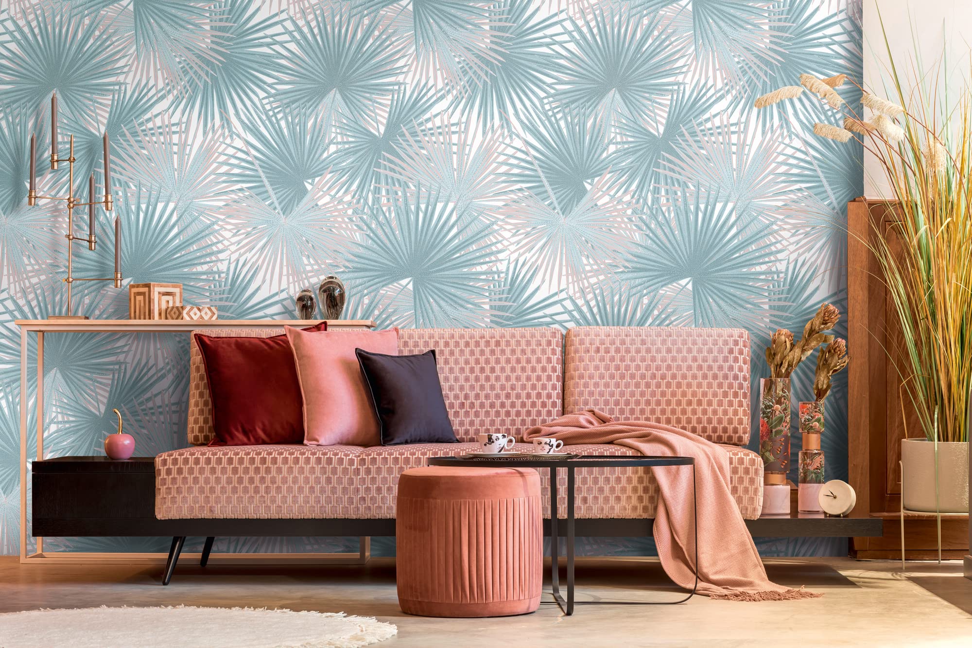 Livingwalls Travel Styles tapeta flizelinowa – tapeta o wyglądzie liści w kolorze niebieskim i beżowym – stylowa tapeta ścienna do różnych pomieszczeń o wymiarach 1,59 m x 2,80 m