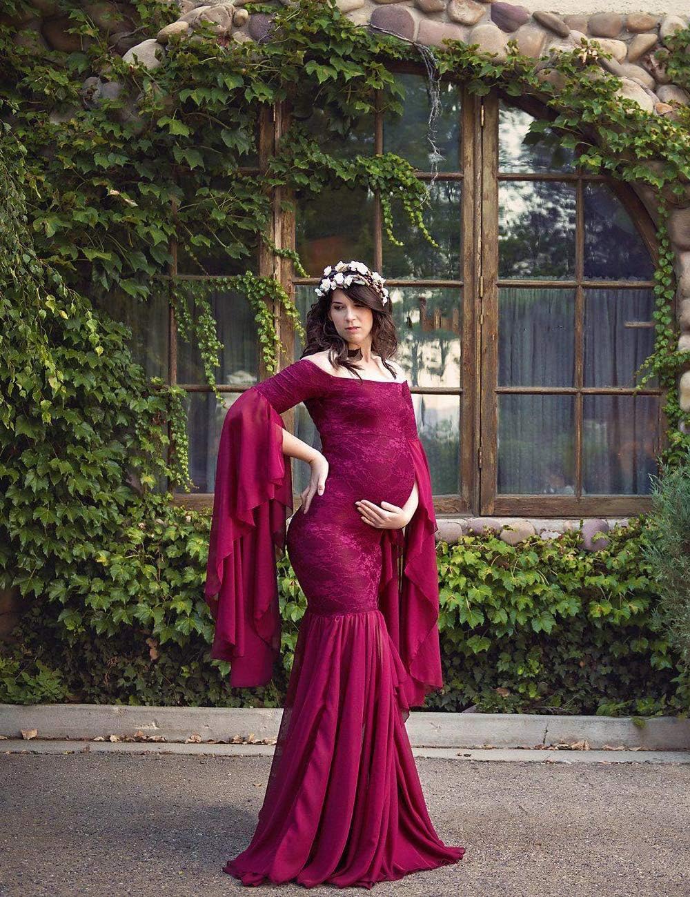 JustVH マタニティ オフショルダー レース シフォン 半円 フィット ガウン フレアスリーブ マキシ 写真撮影用, バーガンデ