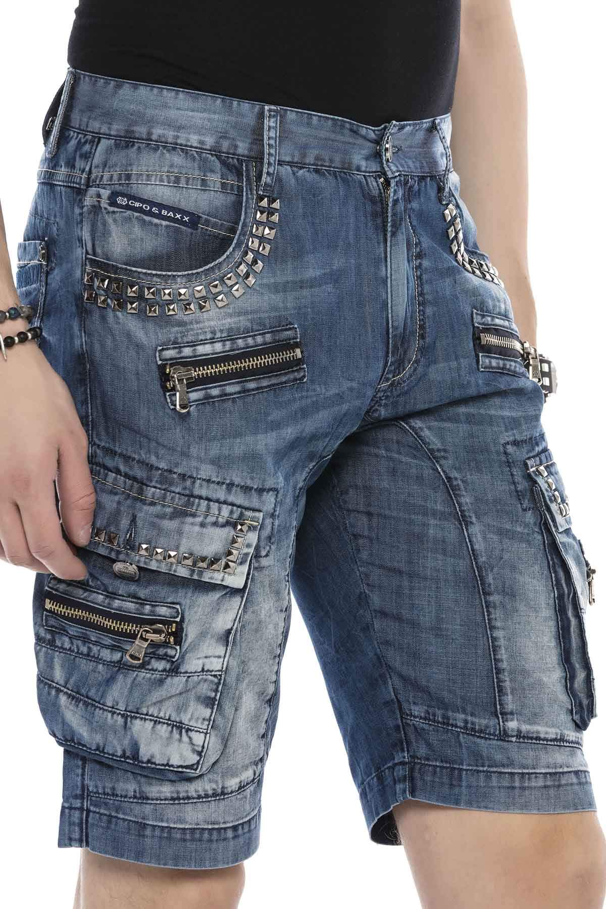 Cipo & Baxx Herren Jeans-Shorts Denim Freizeithose Kurze Hose Reißverschluss Kunstleder Bermuda CK259