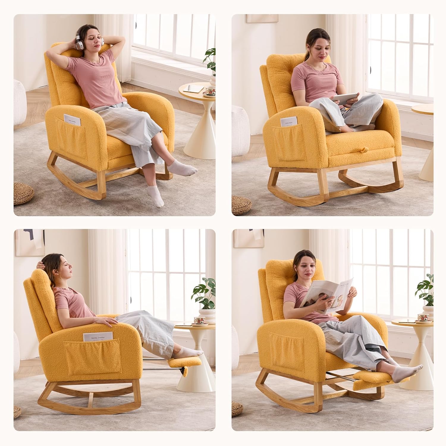 Nursery Rocking Chair,Rubber Wood Base Glider Rocking Chair with Adjustable Footrest and Side Pocket,Teddy Fleece Glider Rocker for Living Room, Bedroom (Teddy Fleece, Yellow)
