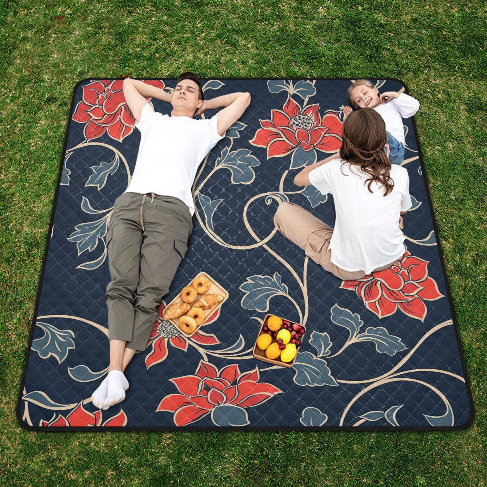 Mantas de picnic con diseño floral tradicional, color rojo, grande, plegable, para césped