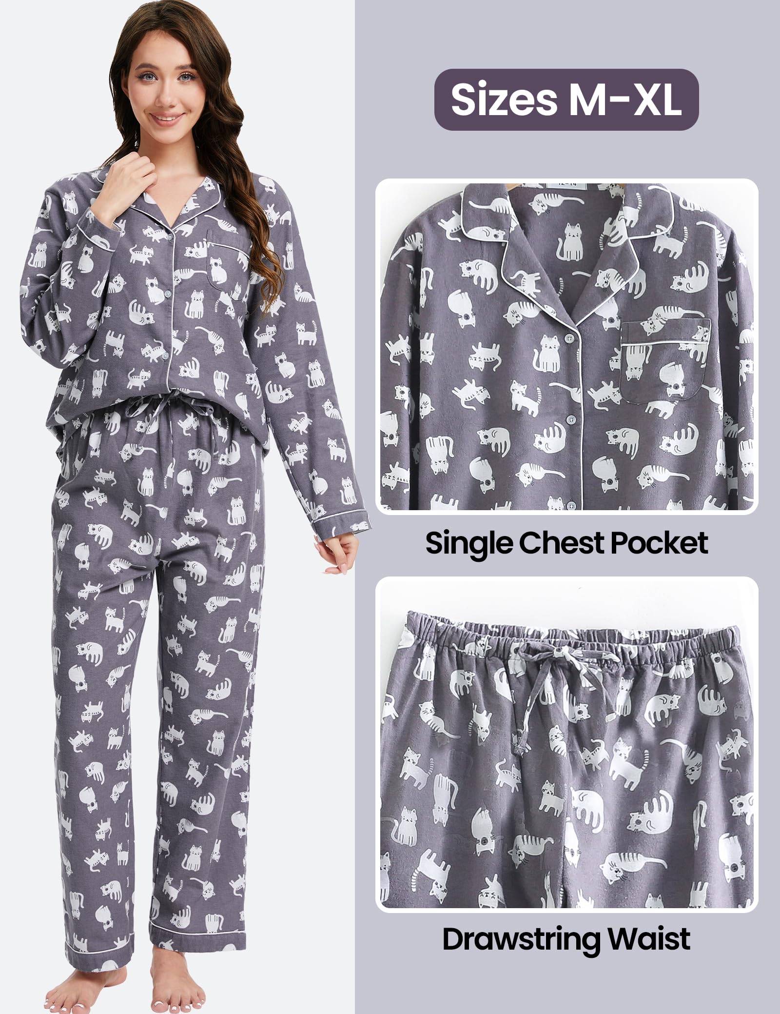 CHUNG Ensemble de pyjama en coton brossé à manches longues et pantalon boutonné en flanelle pour femme, vêtements de nuit confortables et chauds, grande taille